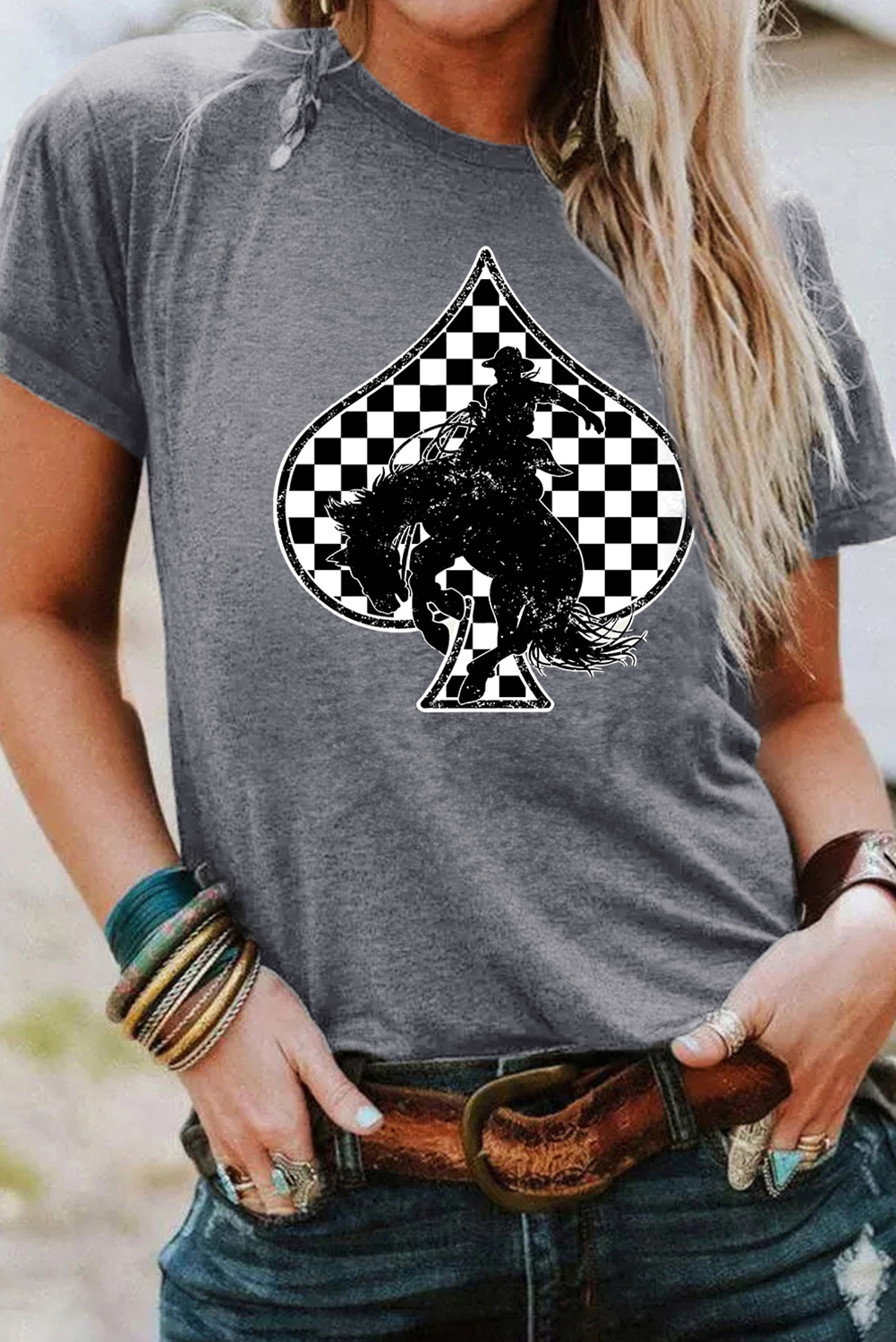 Gray Redeo Check Spades Western Graphic T Shirt - loveforevers