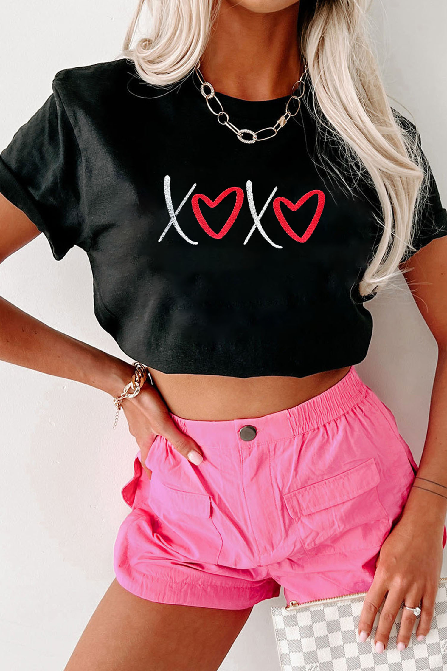 Black XOXO Valentines Heart Embroidered Casual Graphic Tee - loveforevers