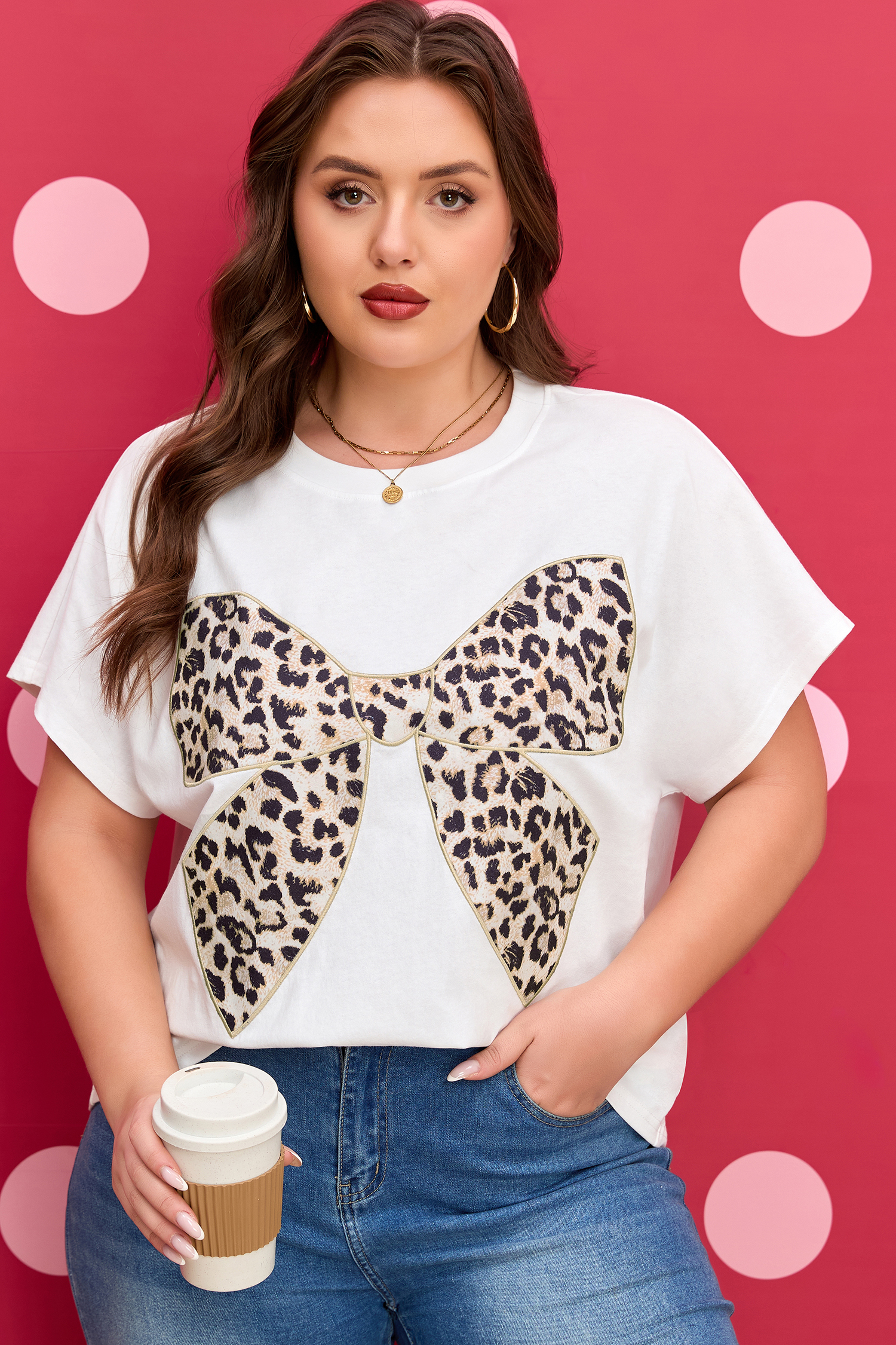 Pink Leopard Bow Embroidered Cotton Round Neck T Shirt - loveforevers