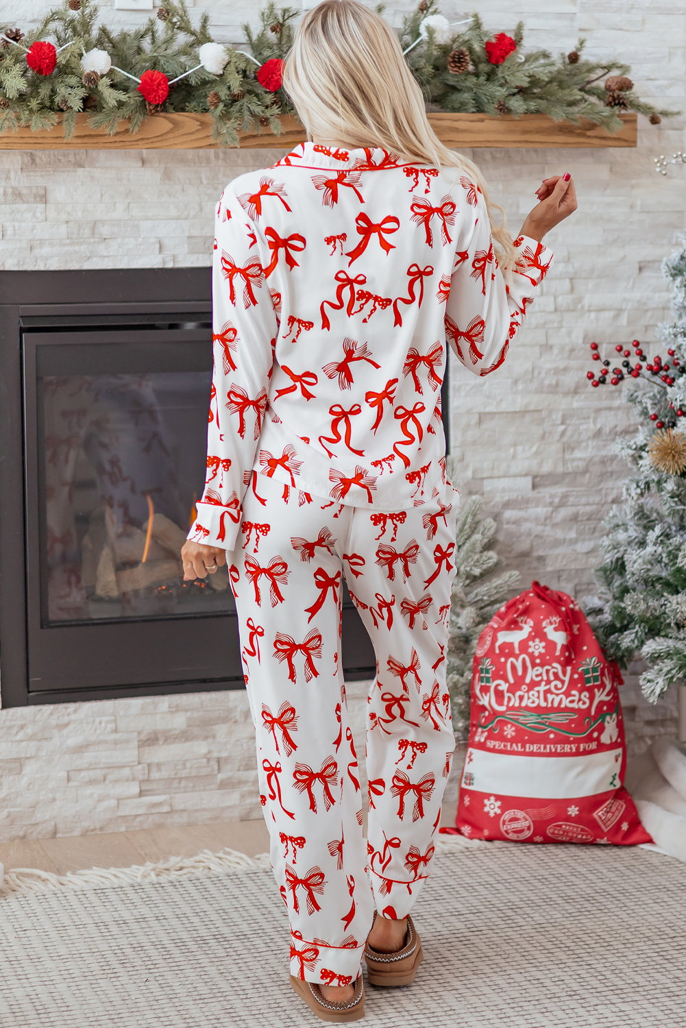 Red Christmas Bow Print Long 2pcs Pajama Set - loveforevers