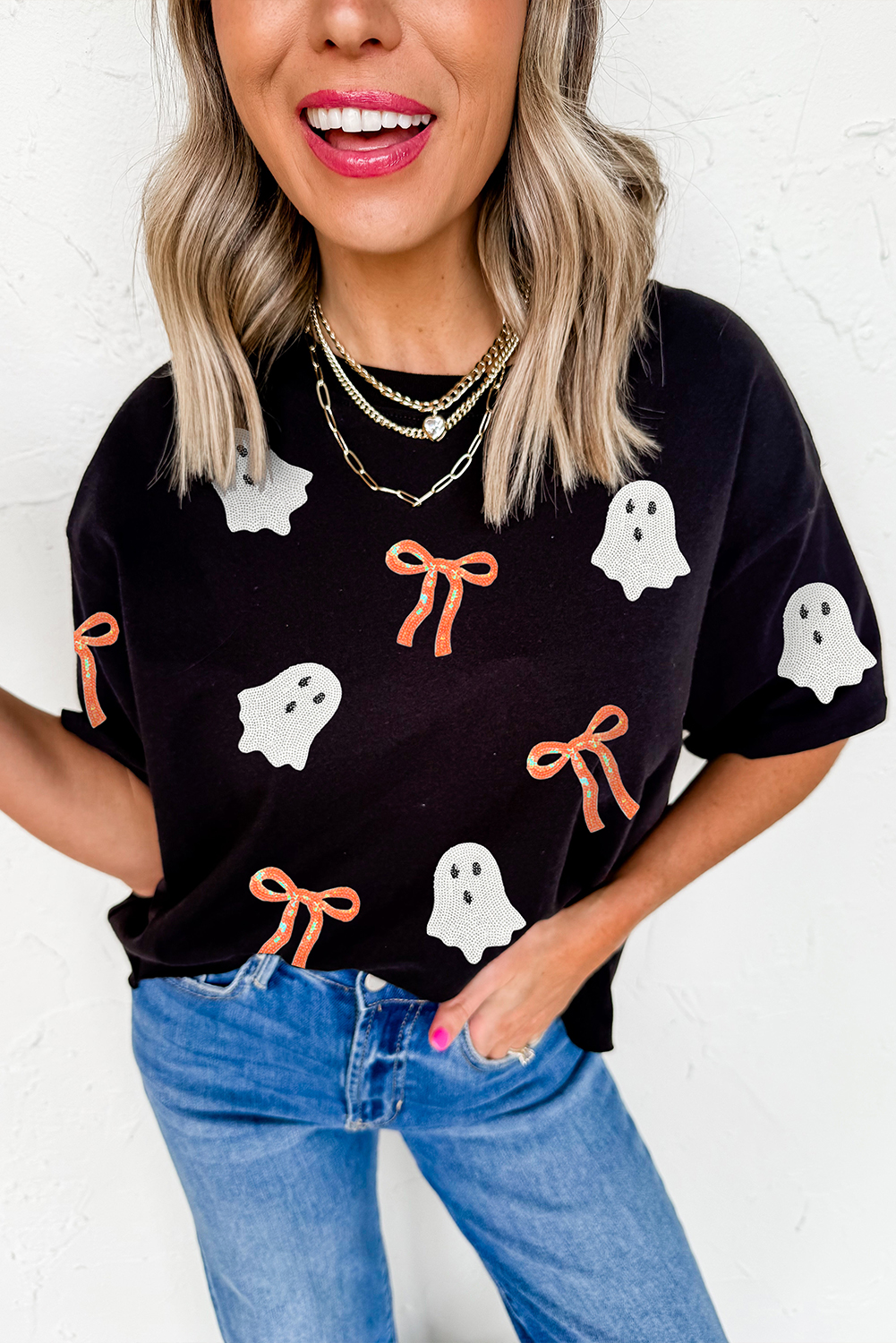 Black Sequin Bow Ghost Patched Halloween Graphic Tee - loveforevers