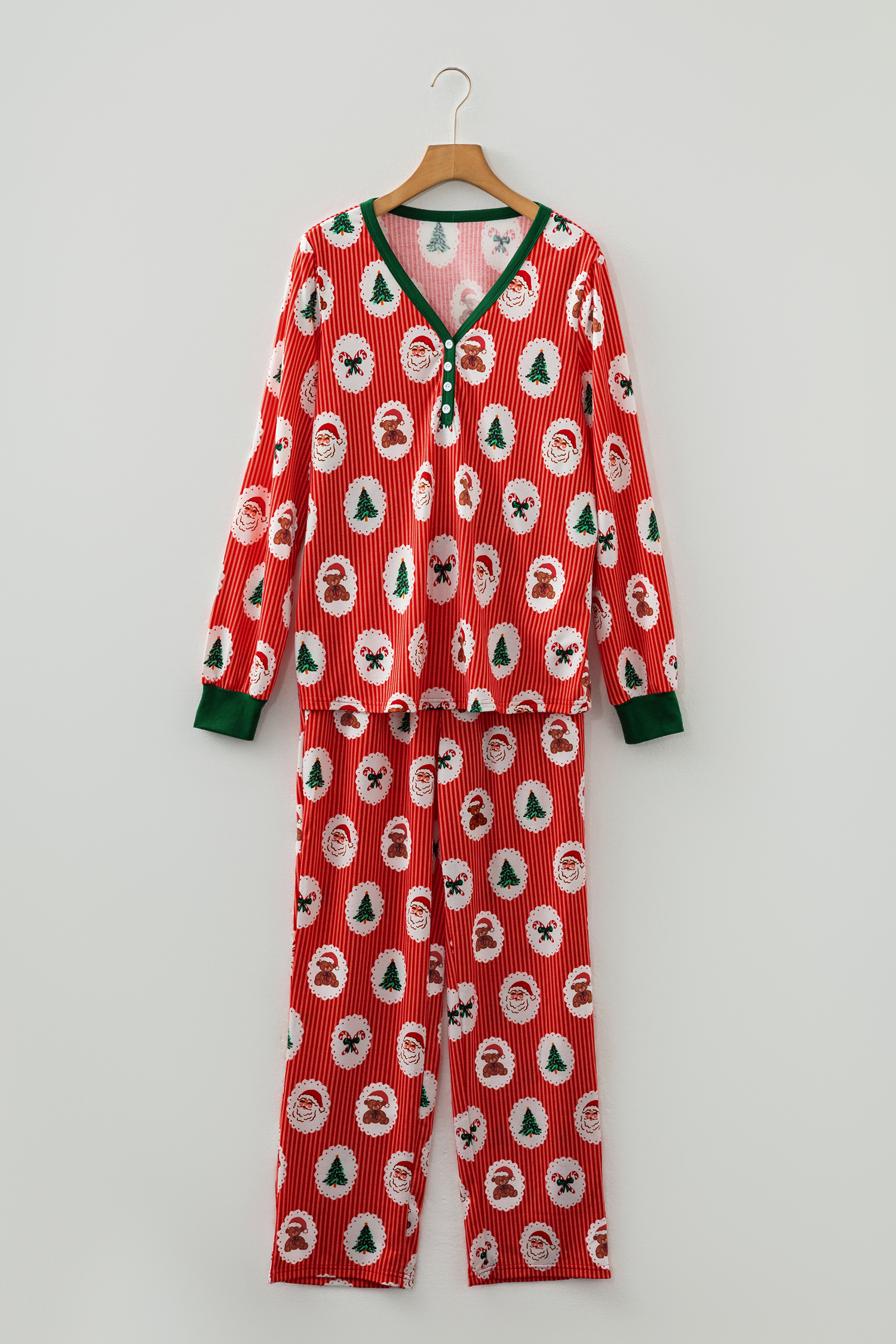 Red Stripe Christmas Fashion Print Henley V Neck Pullover and Jogger Pants 2 Piece Lounge Set - loveforevers
