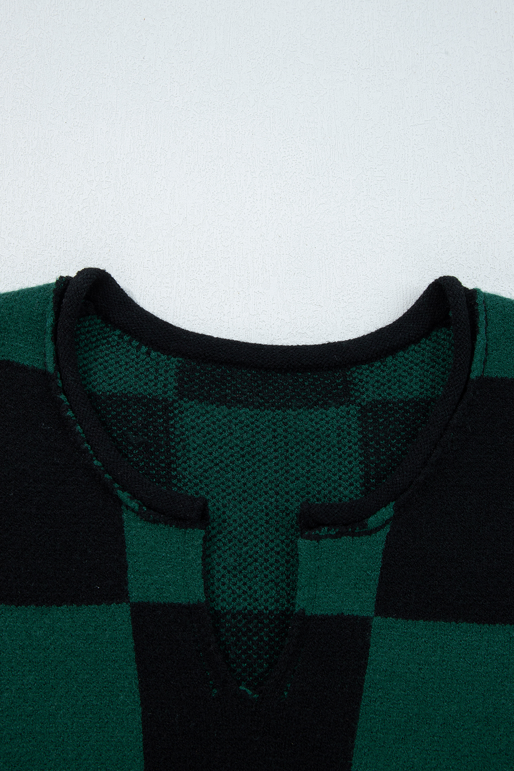 Black Checked Notched Neckline Drop Shoulder Knit Sweater - loveforevers