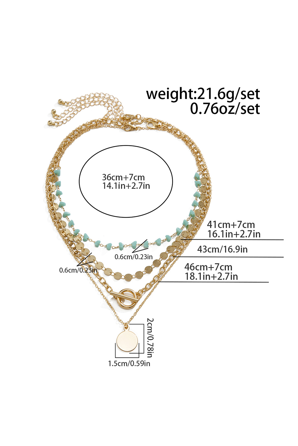 Gold Plated Toggle Disc Detail Turquoise Heart Beads 4pcs Necklace Set - loveforevers