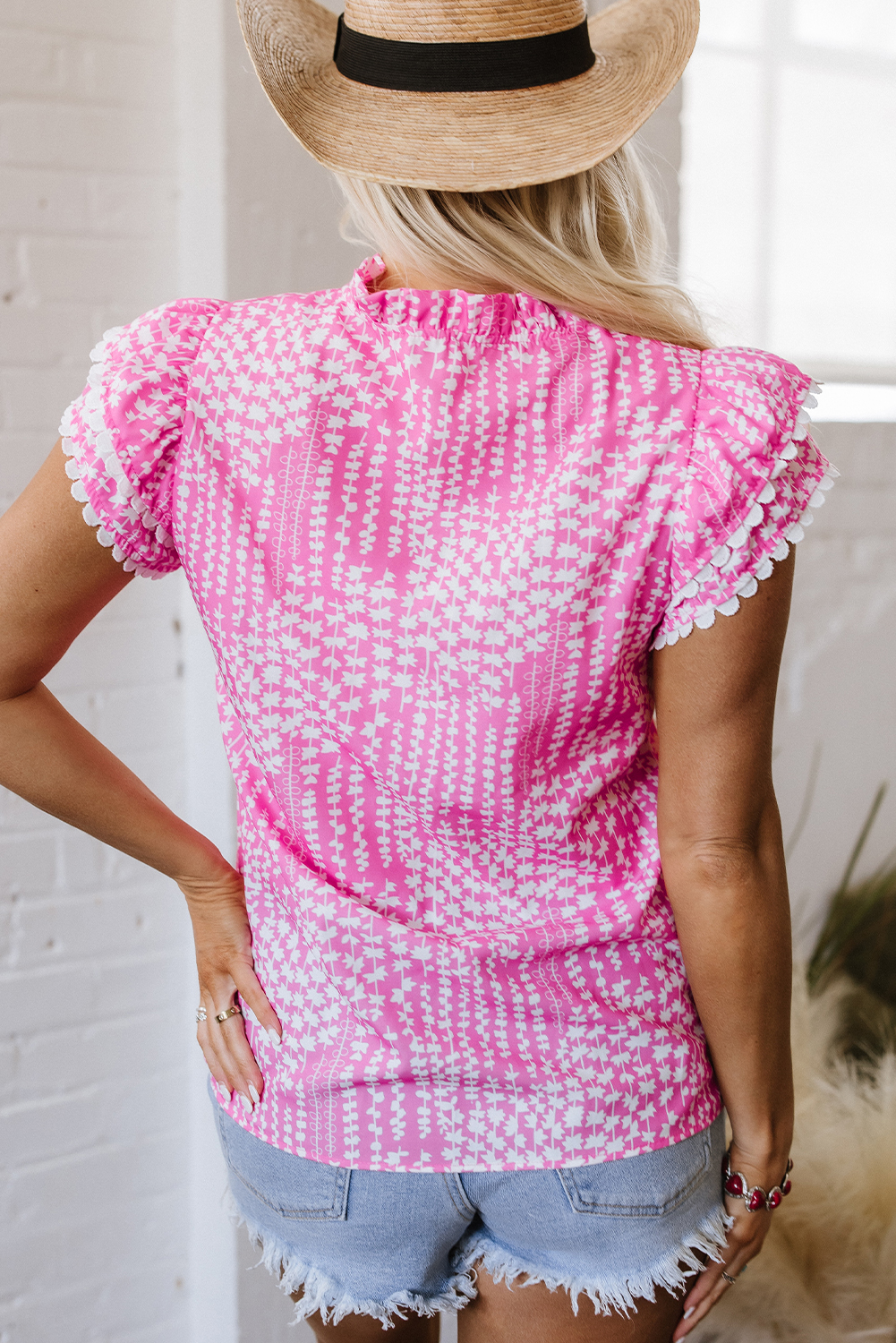Pink Abstract Print Ric Rac Trim Flutter Sleeve Notch V Neck Blouse - loveforevers
