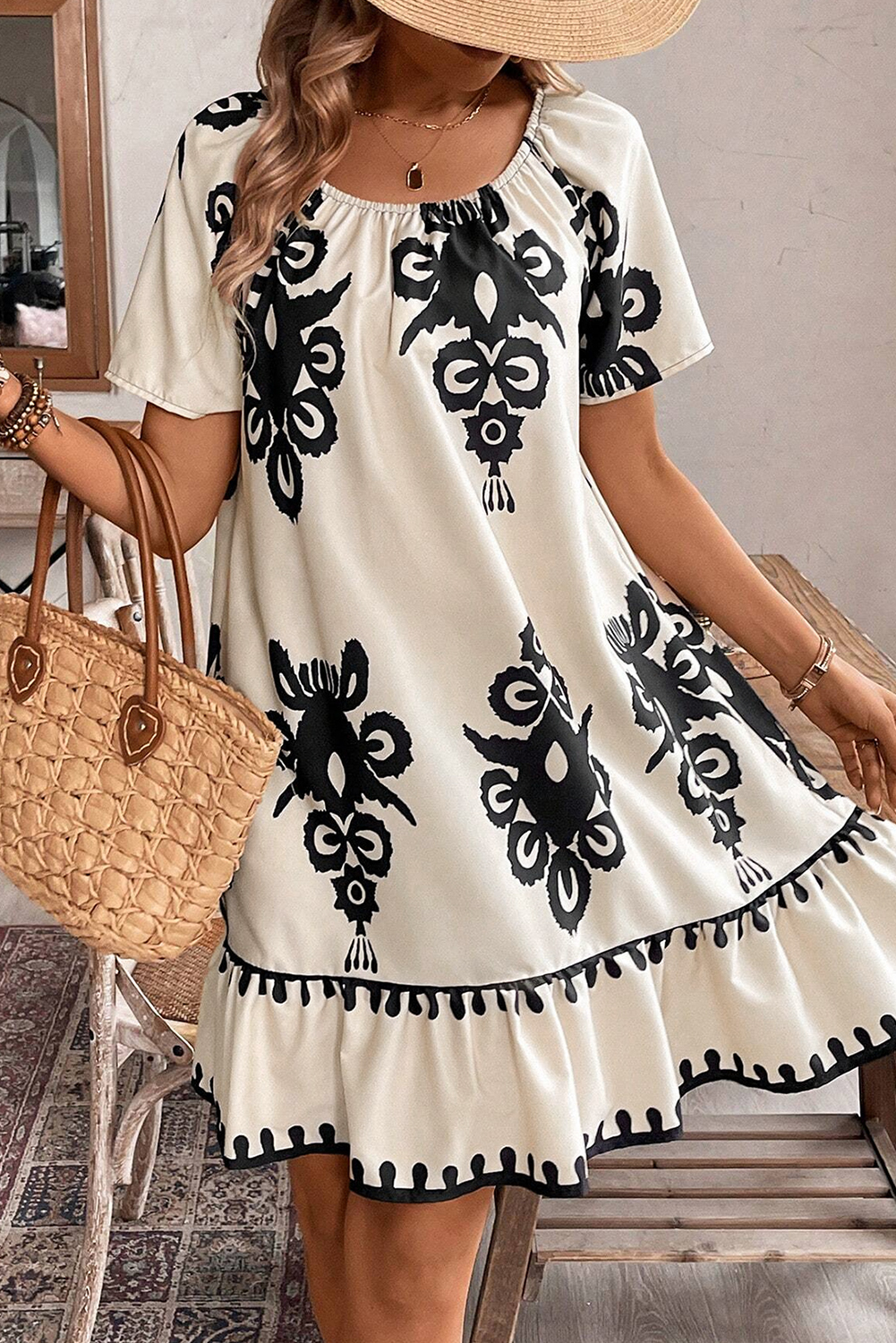 Beige Geometric Printed Sleeveless Hollowed Bowknot Back Mini Dress - loveforevers