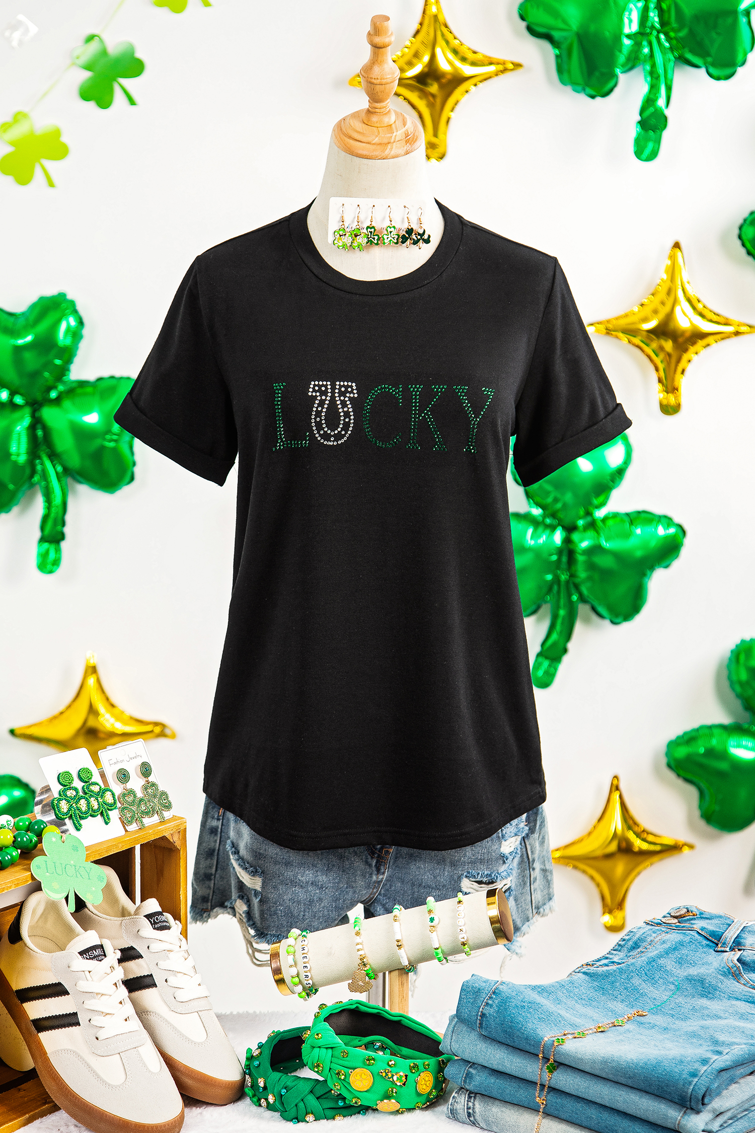 Black LUCKY Rhinestone Graphic Rolled Sleeve Tee - loveforevers