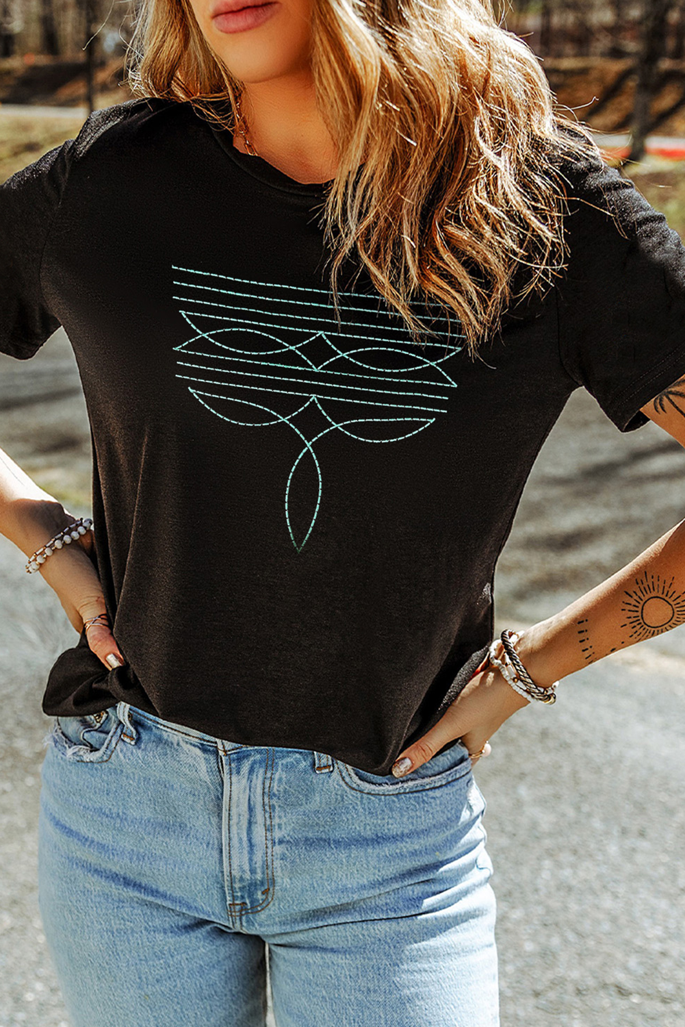 Black Western Fashion Geometric Embroidered T Shirt - loveforevers