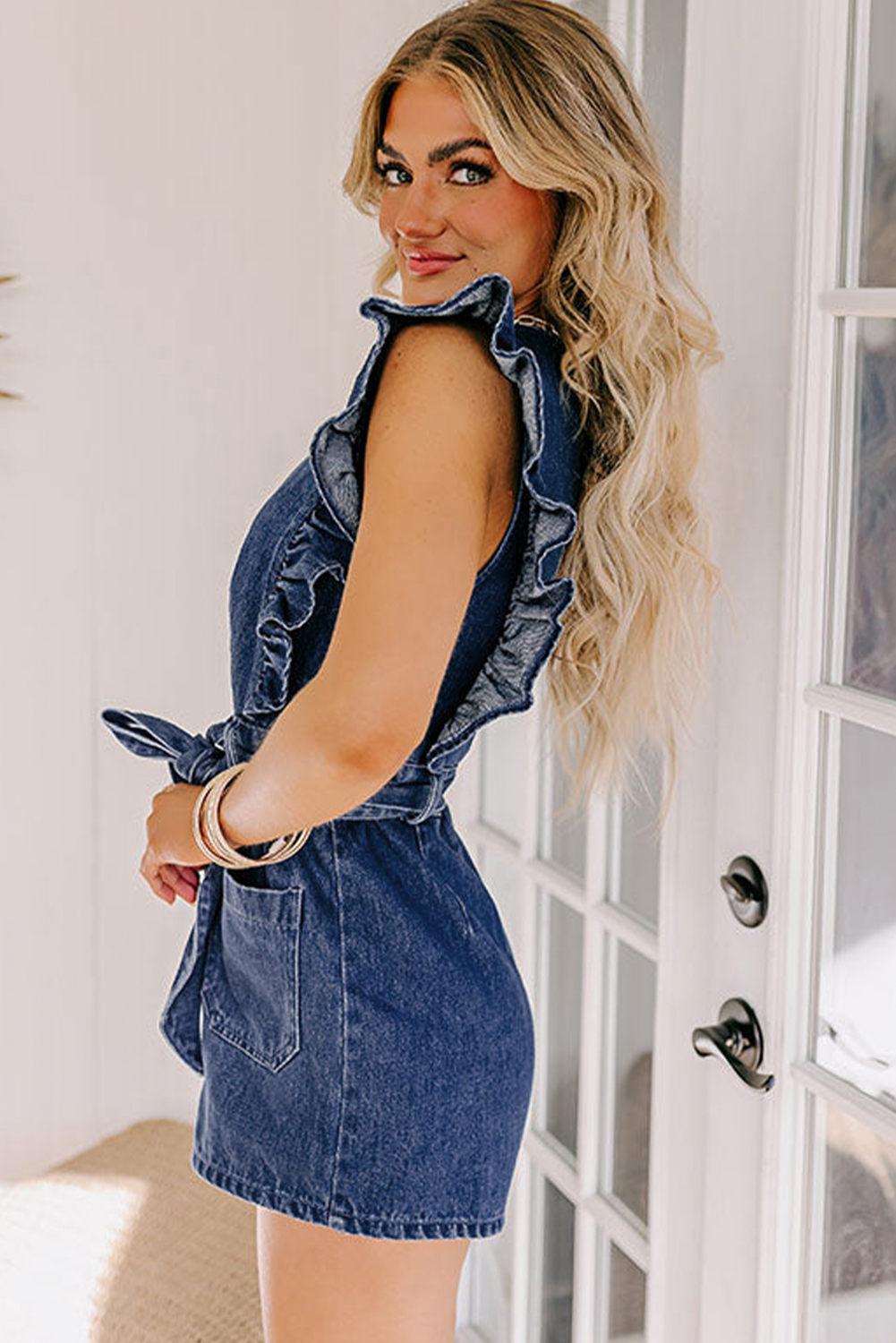 Sail Blue Denim Ruffled Zipped Front Belted Romper - loveforevers