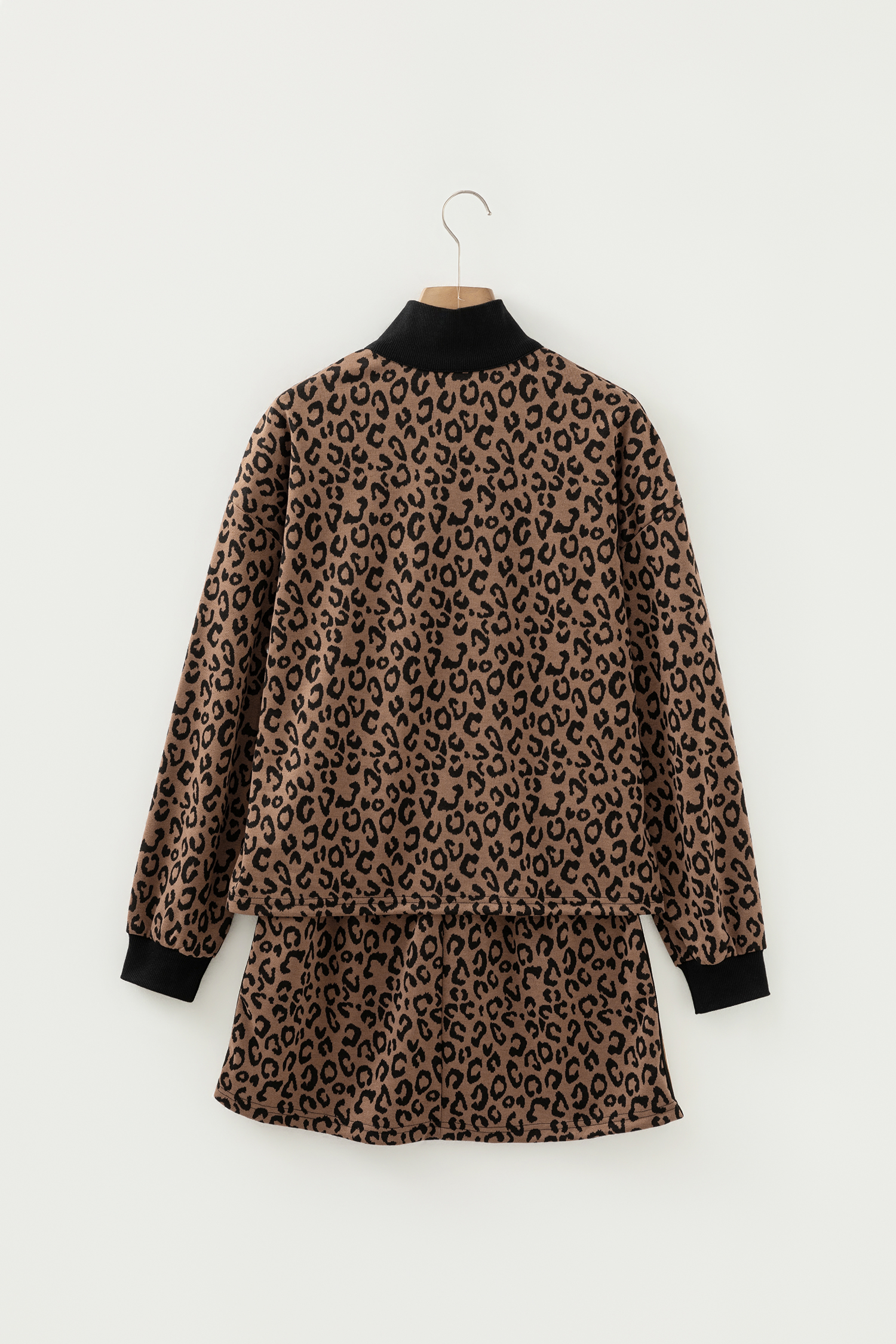 Khaki Leopard Print Quarter Zip Long Sleeve Top Mini Skirt Set - loveforevers