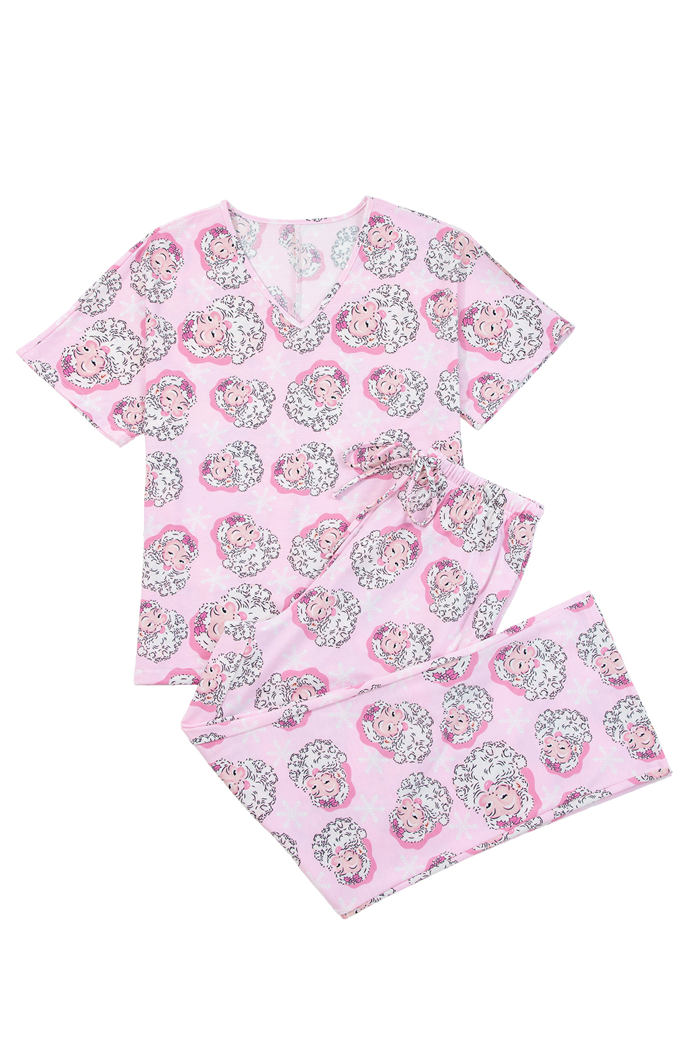 Pink Santa Claus Print V Neck Tee Drawstring Pants 2pcs Lounge Set - loveforevers