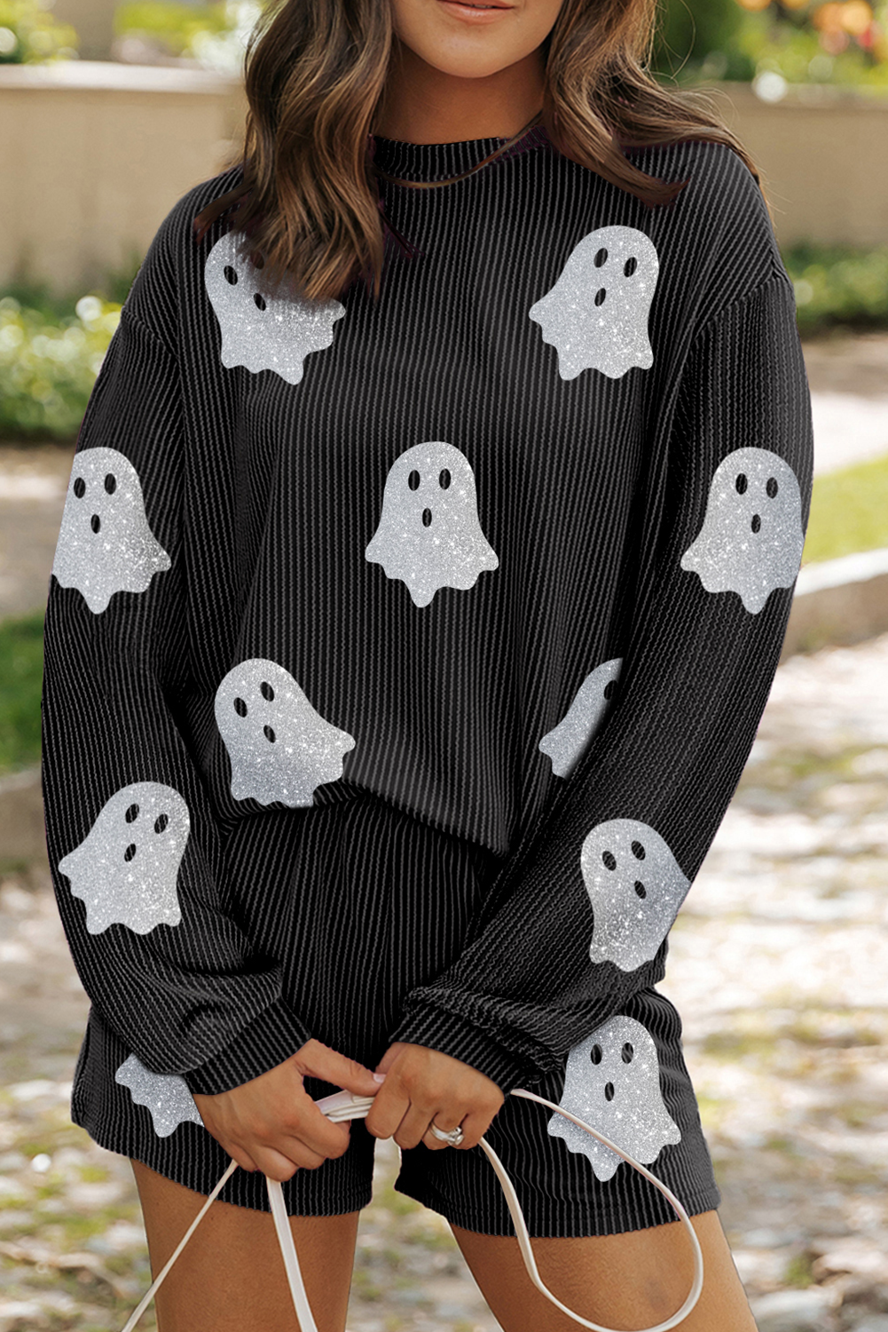 Wisteria Glitter Trim Chenille Ghost Patched Halloween Graphic Tee - loveforevers