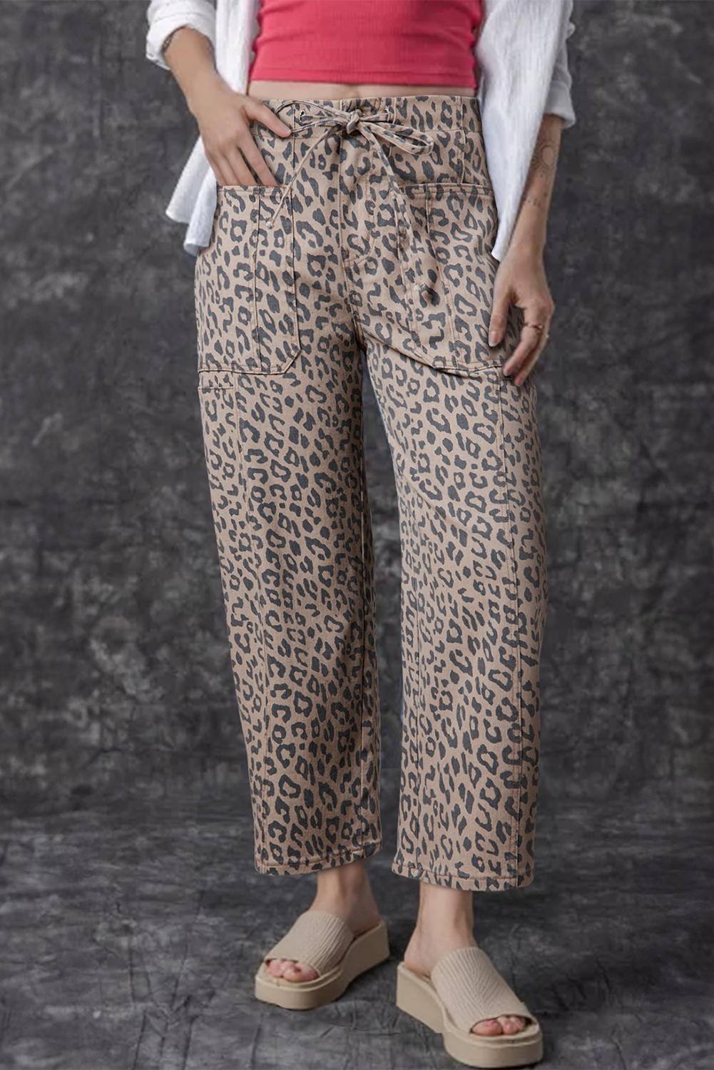 Khaki Leopard Printed Drawstring Elastic Waistband Pocketed Wide Leg Jeans - loveforevers