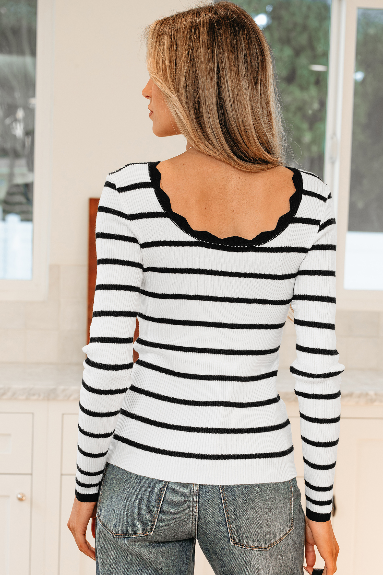 Black white Scalloped Trim U Neck Striped Ribbed Slim Sweater - loveforevers