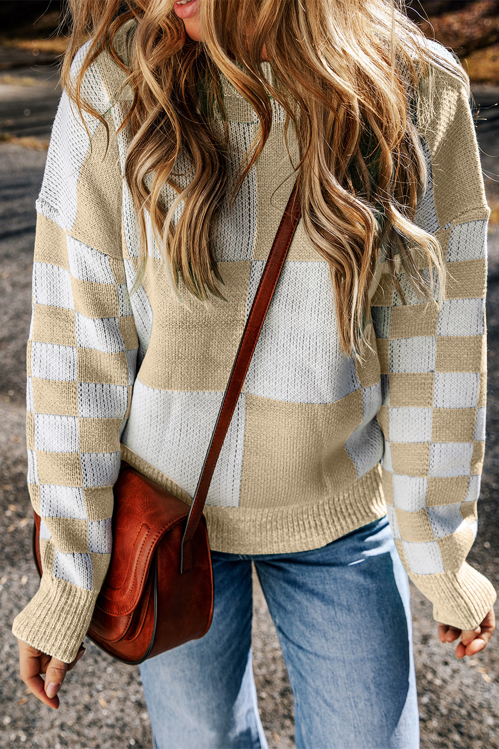 Flaxen Checkered Print Drop Shoulder Sweater - loveforevers