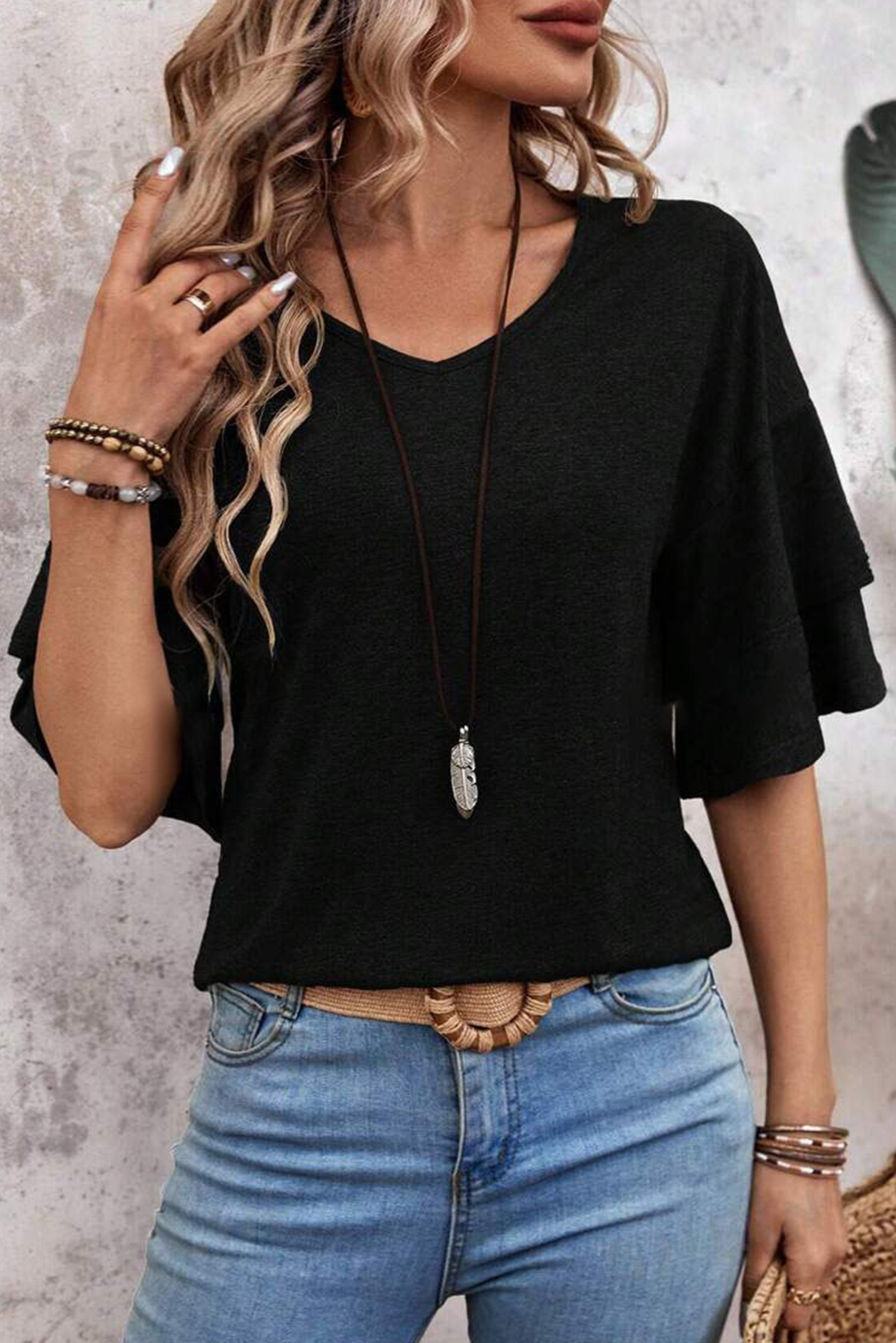 Sail Blue Solid Colour V-Neck Double Layer Sleeve Loose T-Shirt - loveforevers