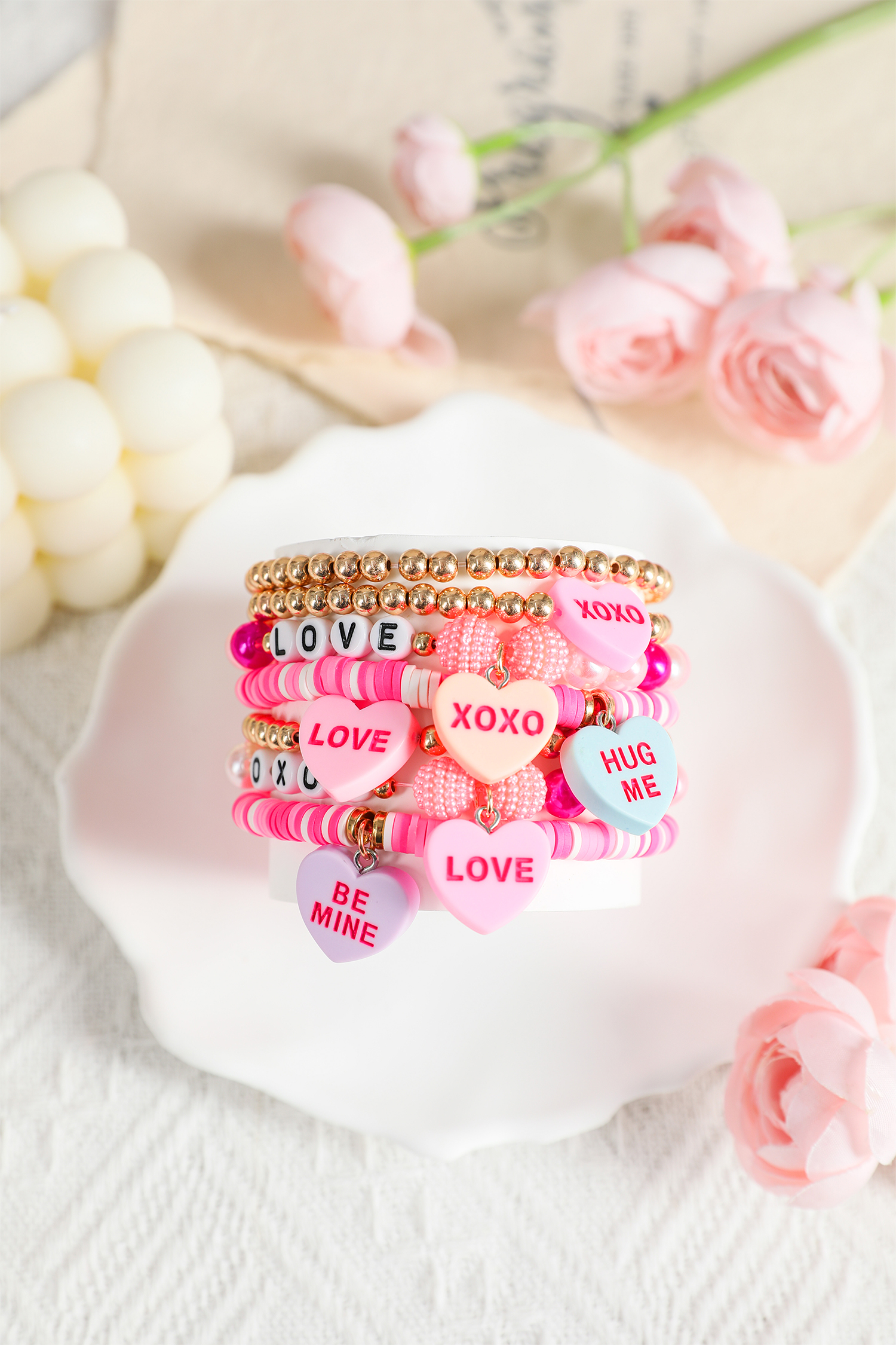 Bonbon Valentine Heart Pendant Beaded Elastic Bracelet Set - loveforevers