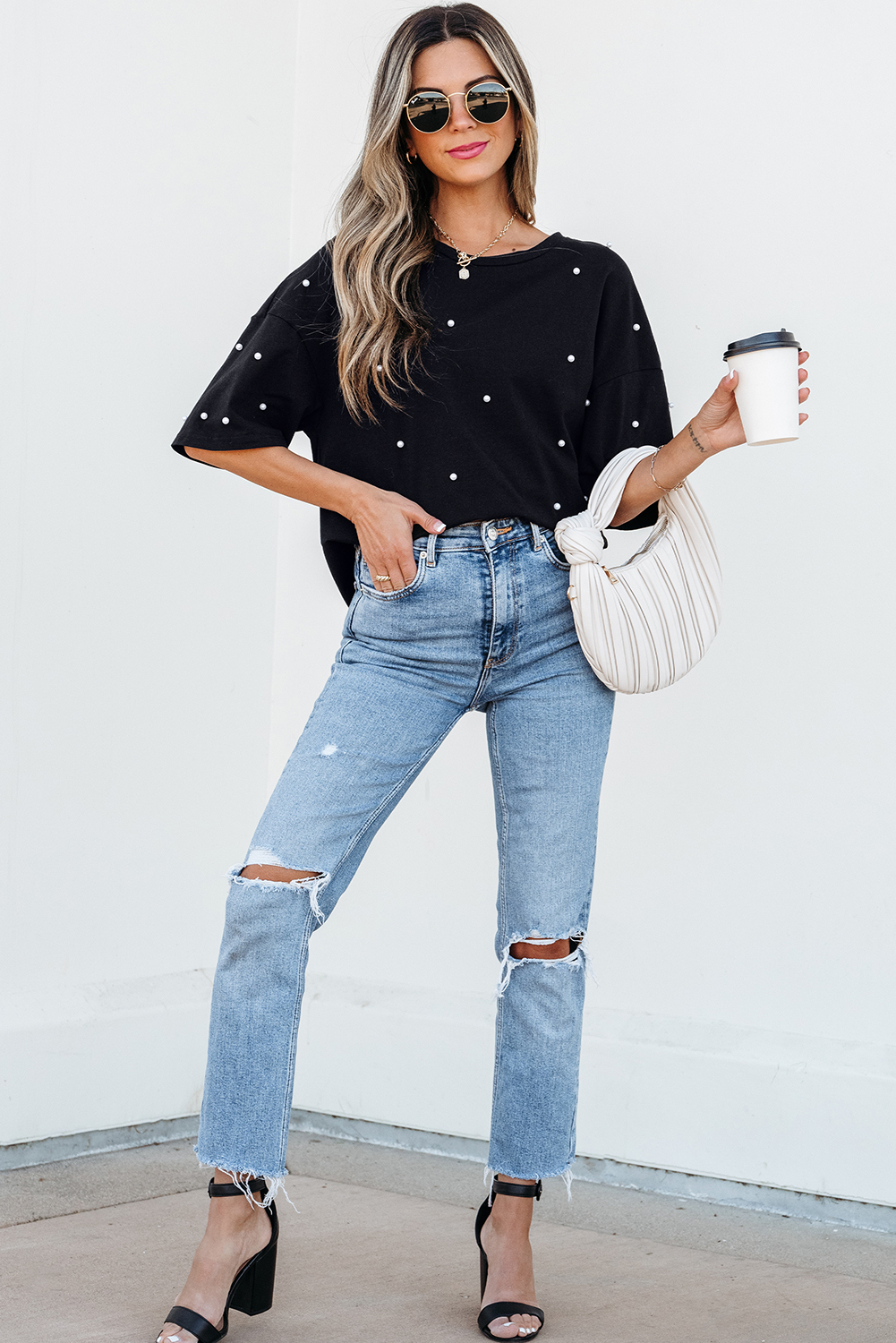 Black Pearl Beaded  Drop Shoulder Crewneck T Shirt - loveforevers
