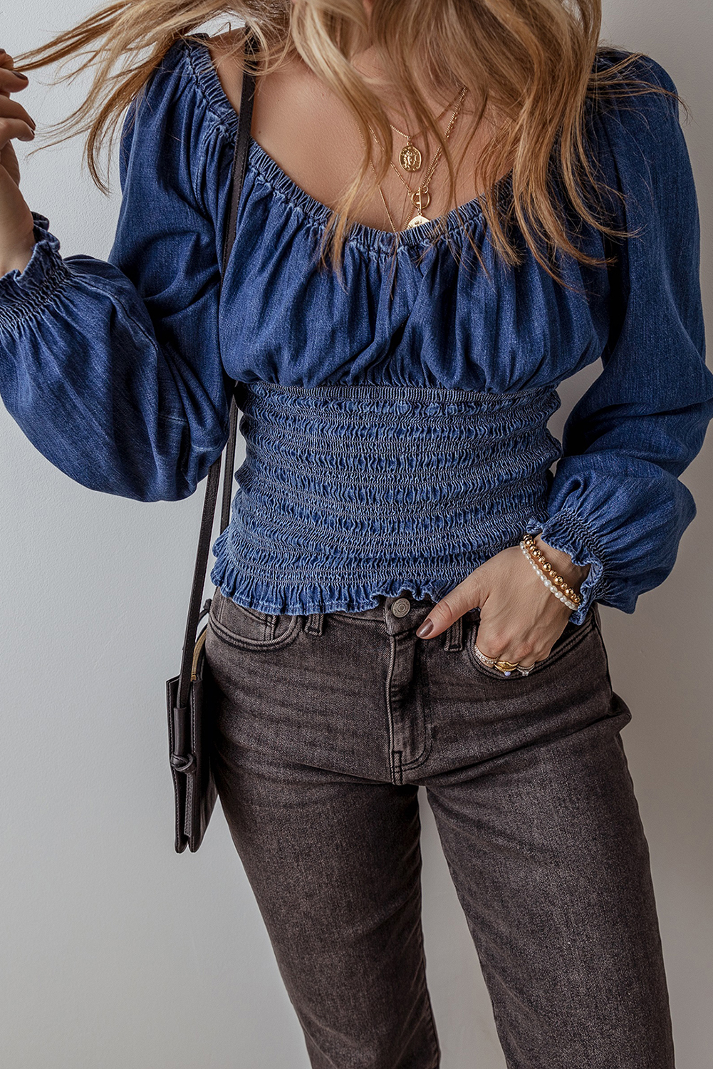 Dark Blue Smocked Ruffled Puff Sleeve V Neck Denim Blouse - loveforevers
