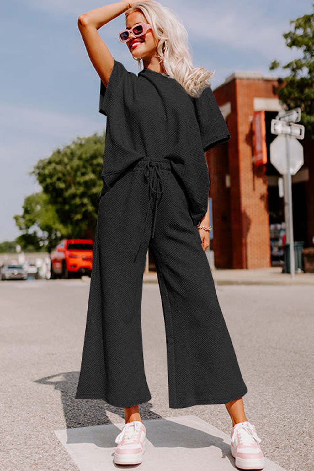Dark Green Textured Loose Fit T Shirt and Drawstring Pants Set - loveforevers