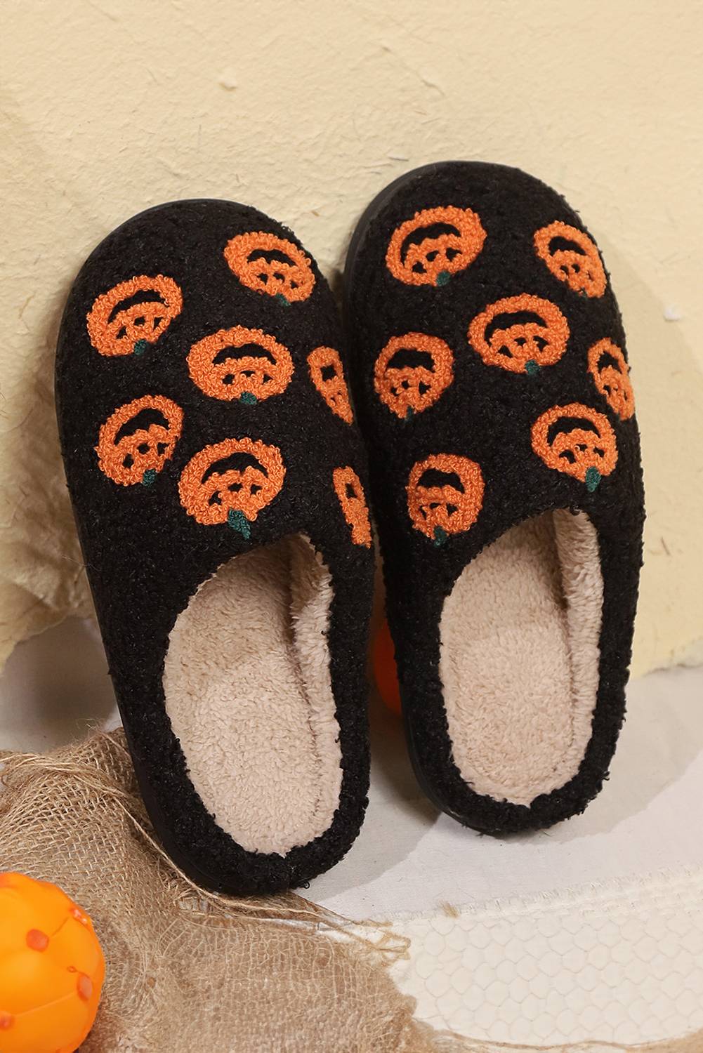 Black Halloween Pumpkin Plush Home Slippers - loveforevers