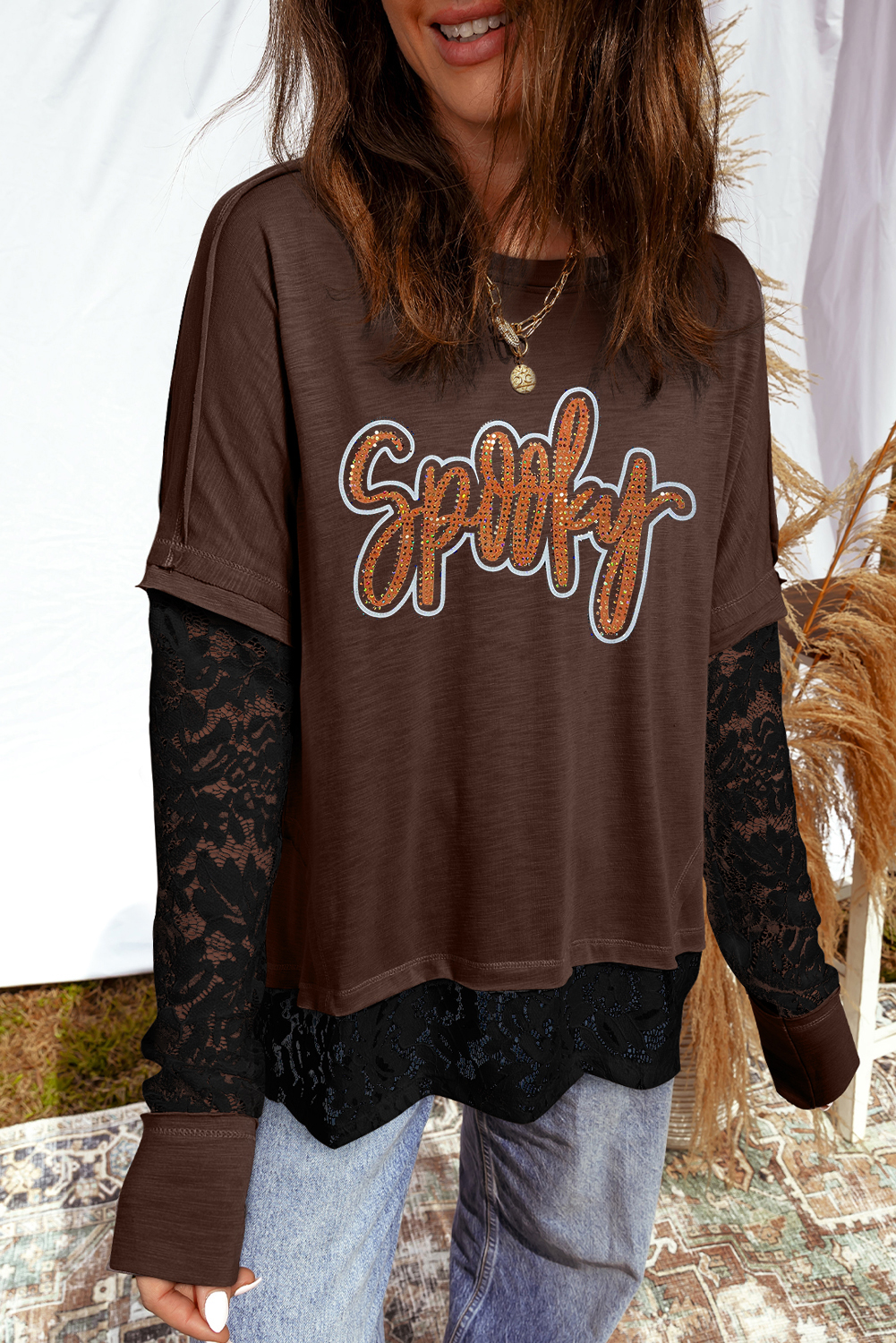 Dark Brown Rhinestone Spooky Graphic Lace Patchwork Long Sleeve T Shirt - loveforevers