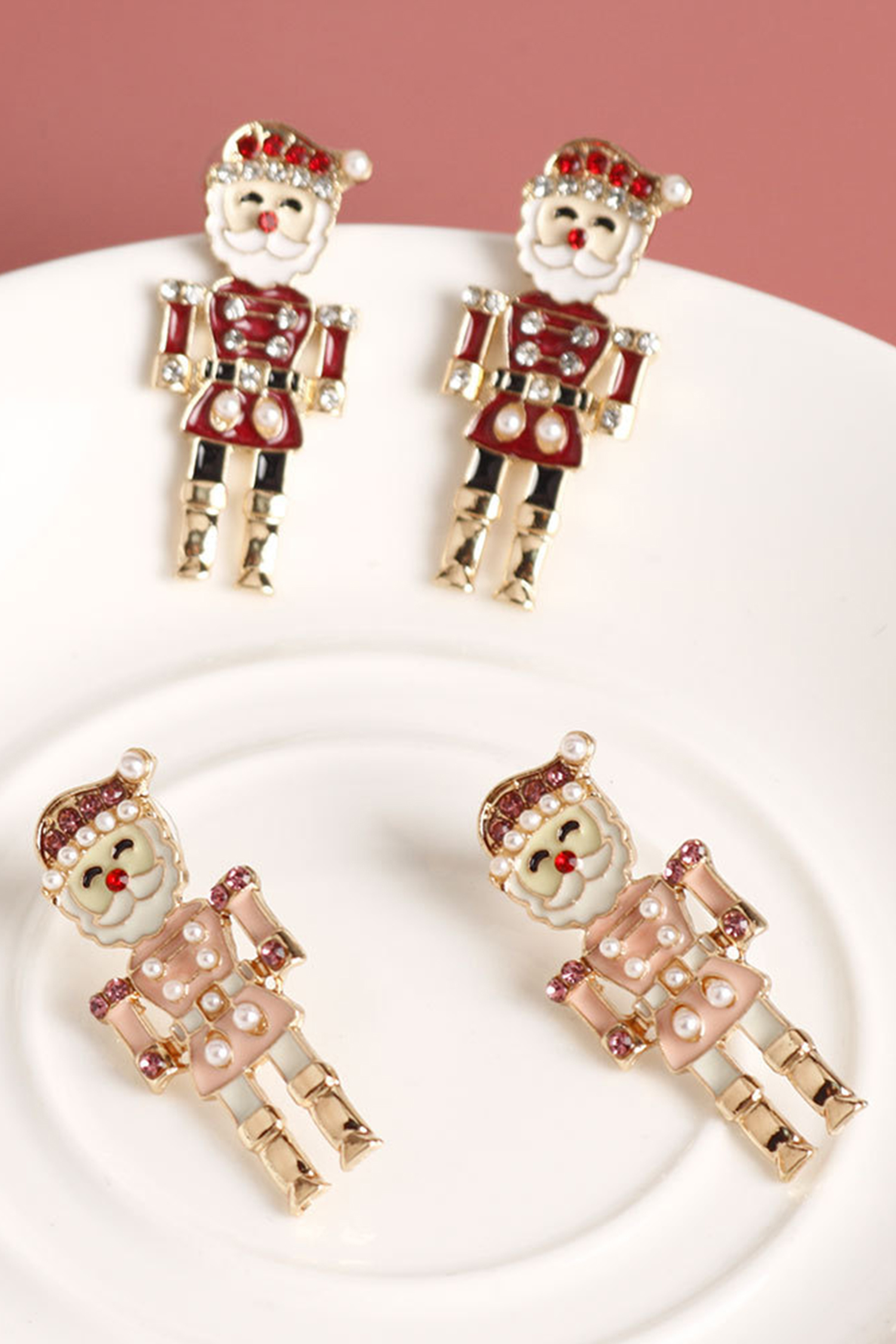 Fiery Red Pearl Rhinestone Embellished Christmas Enamel Nutcracker Earrings - loveforevers