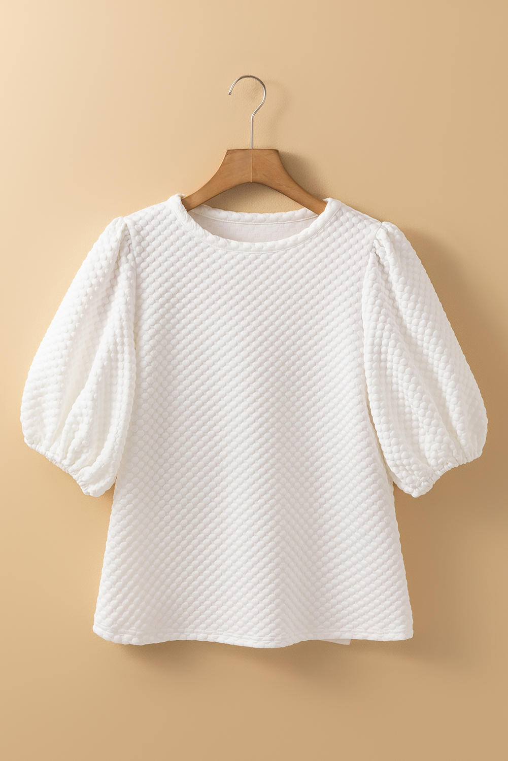 White Solid Textured O Neck Puff Sleeve Blouse - loveforevers