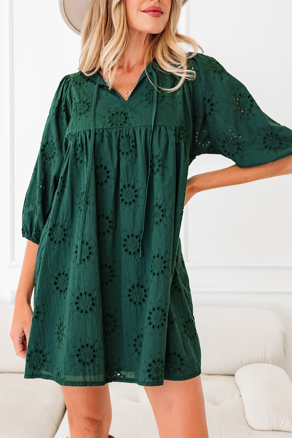 Blackish Green Embroidered Eyelet Pattern 3/4 Puffy Sleeve Swing Mini Dress - loveforevers