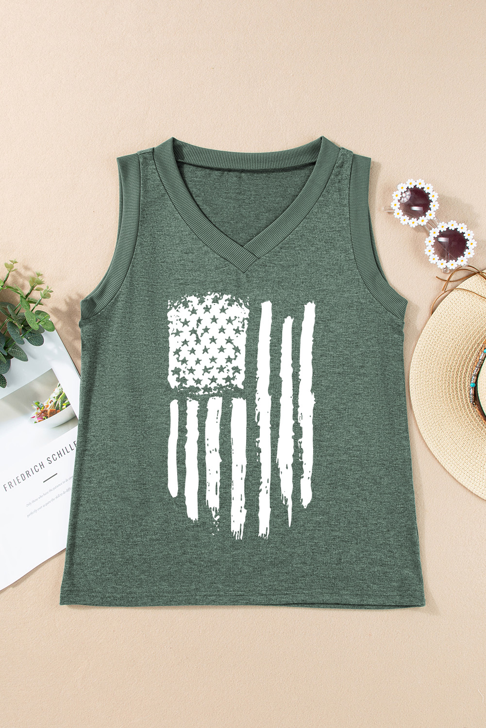 Mist Green Frayed American Flag Printed V Neck Tank Top - loveforevers