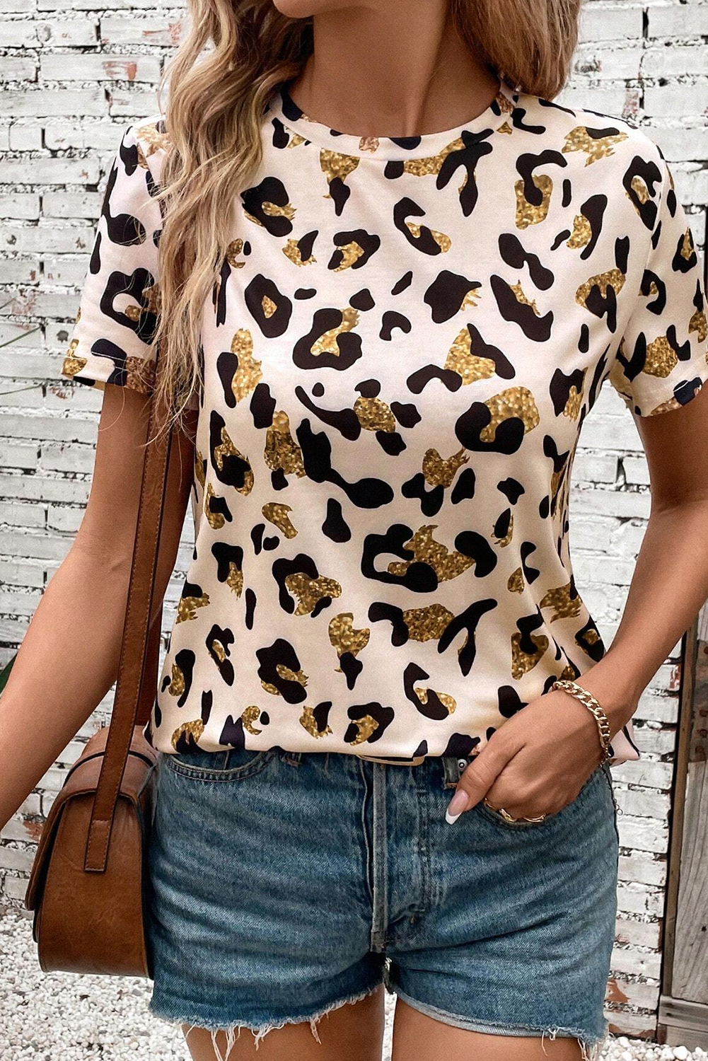 Apricot Leopard Print Round Neck Casual T Shirt - loveforevers