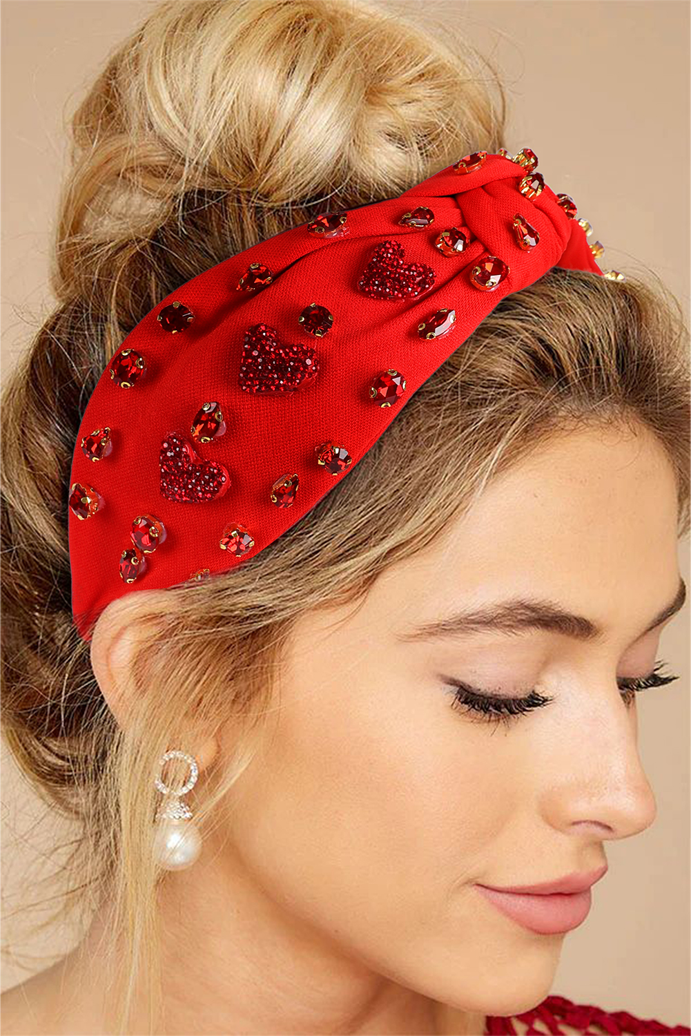 Fiery Red Rhinestone Heart Glass Drill Studded Knotted Wide Headband - loveforevers