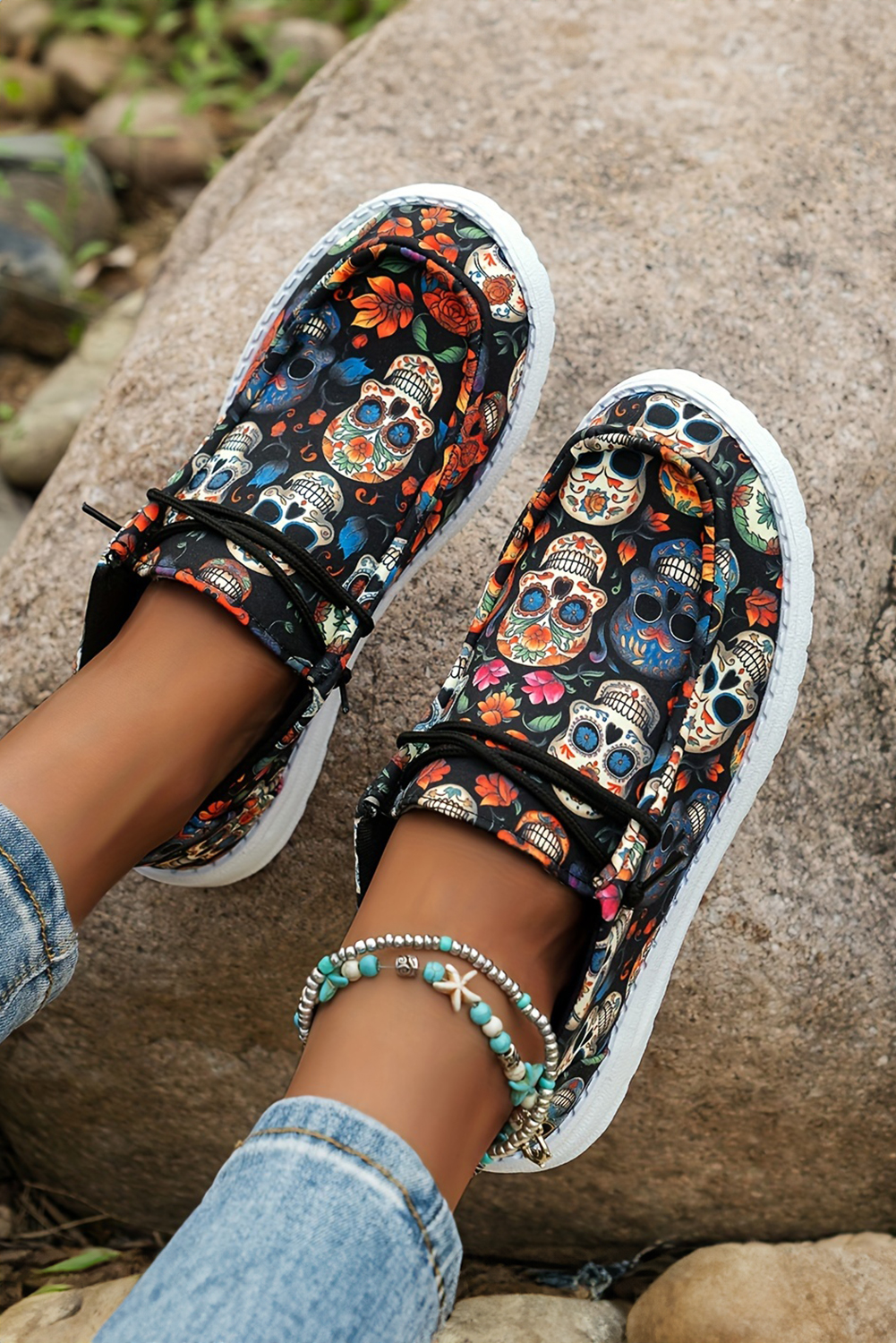 Dark Blue Sugar Skull Print Lace-up Detail Halloween Flat Shoes - loveforevers