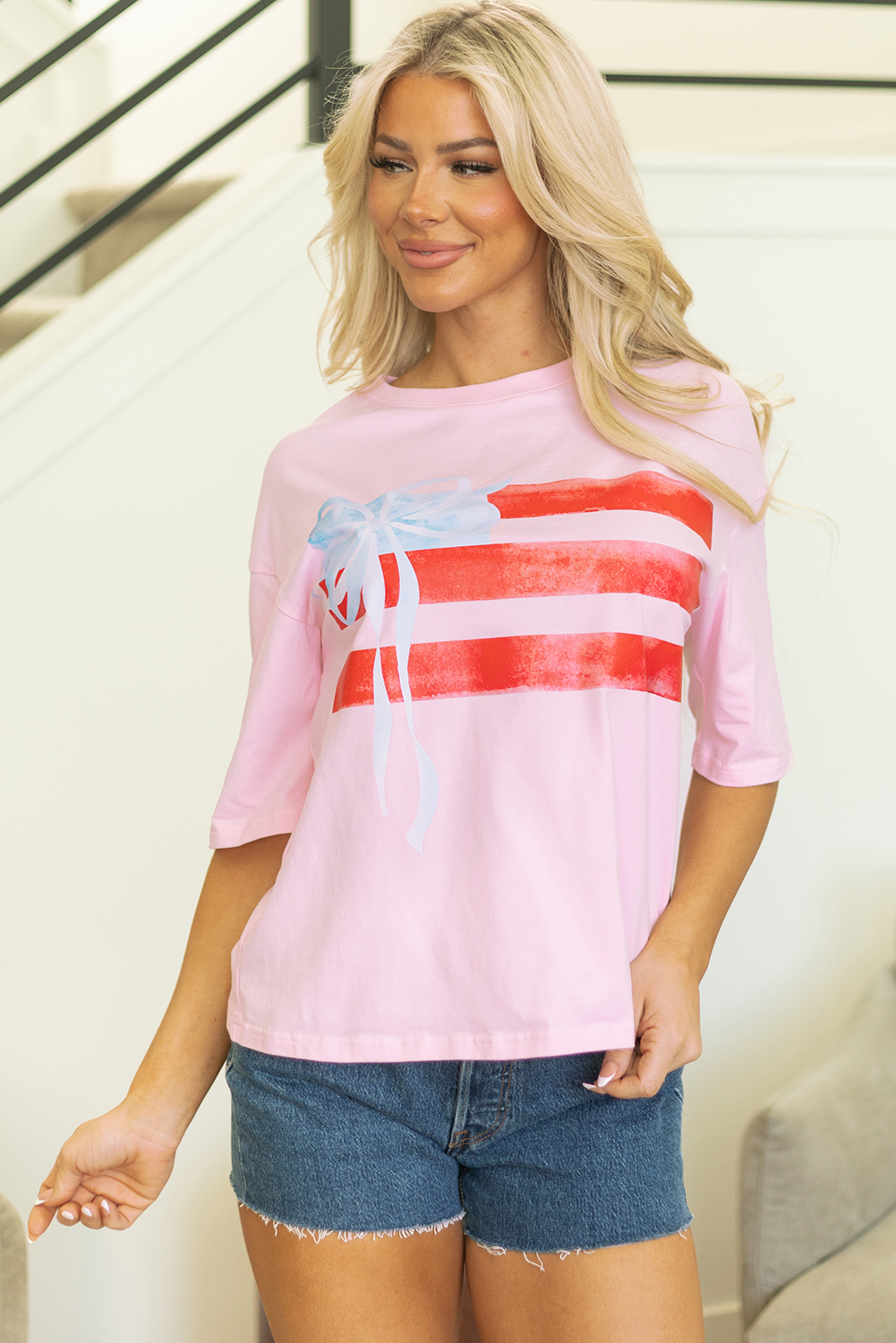 Myosotis Flag Bow Graphic Crewneck Tee - loveforevers