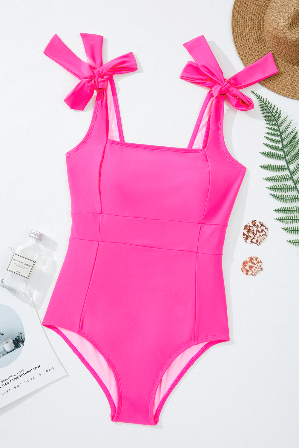 Dearlovers Rose Red Square Neck Knotted Shoulder Open Back One Piece Swimsuit - loveforevers