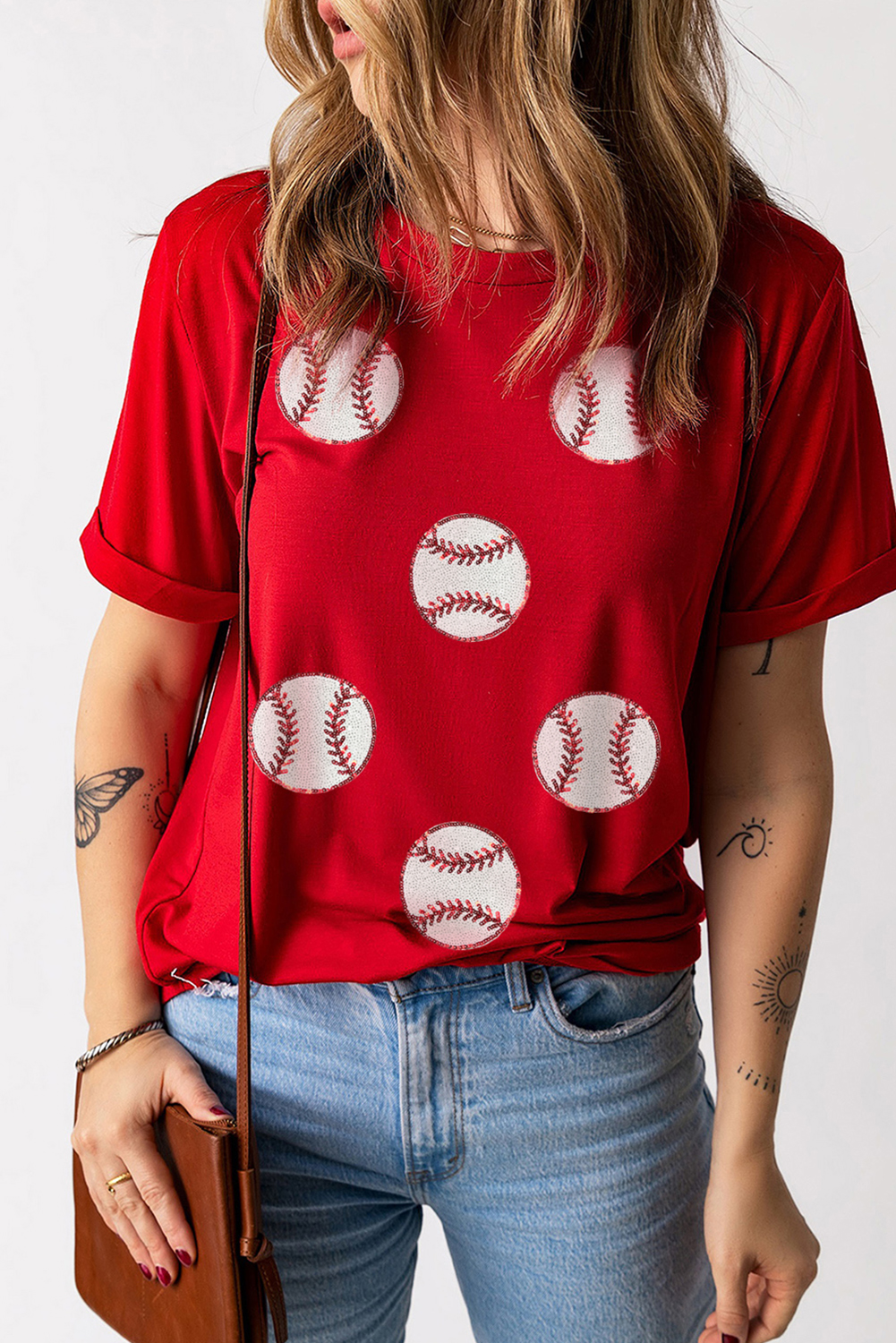 Red Glittering Rugby Pattern Crew Neck Game Day T Shirt - loveforevers