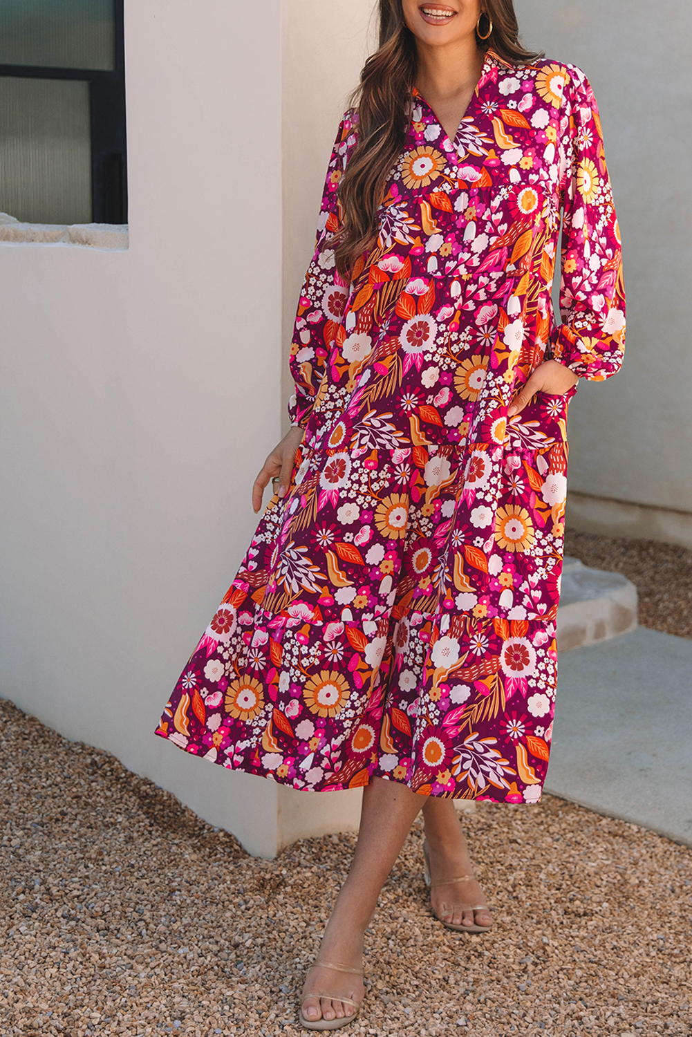 Purple Collared Tiered Flowy Long Dress - loveforevers