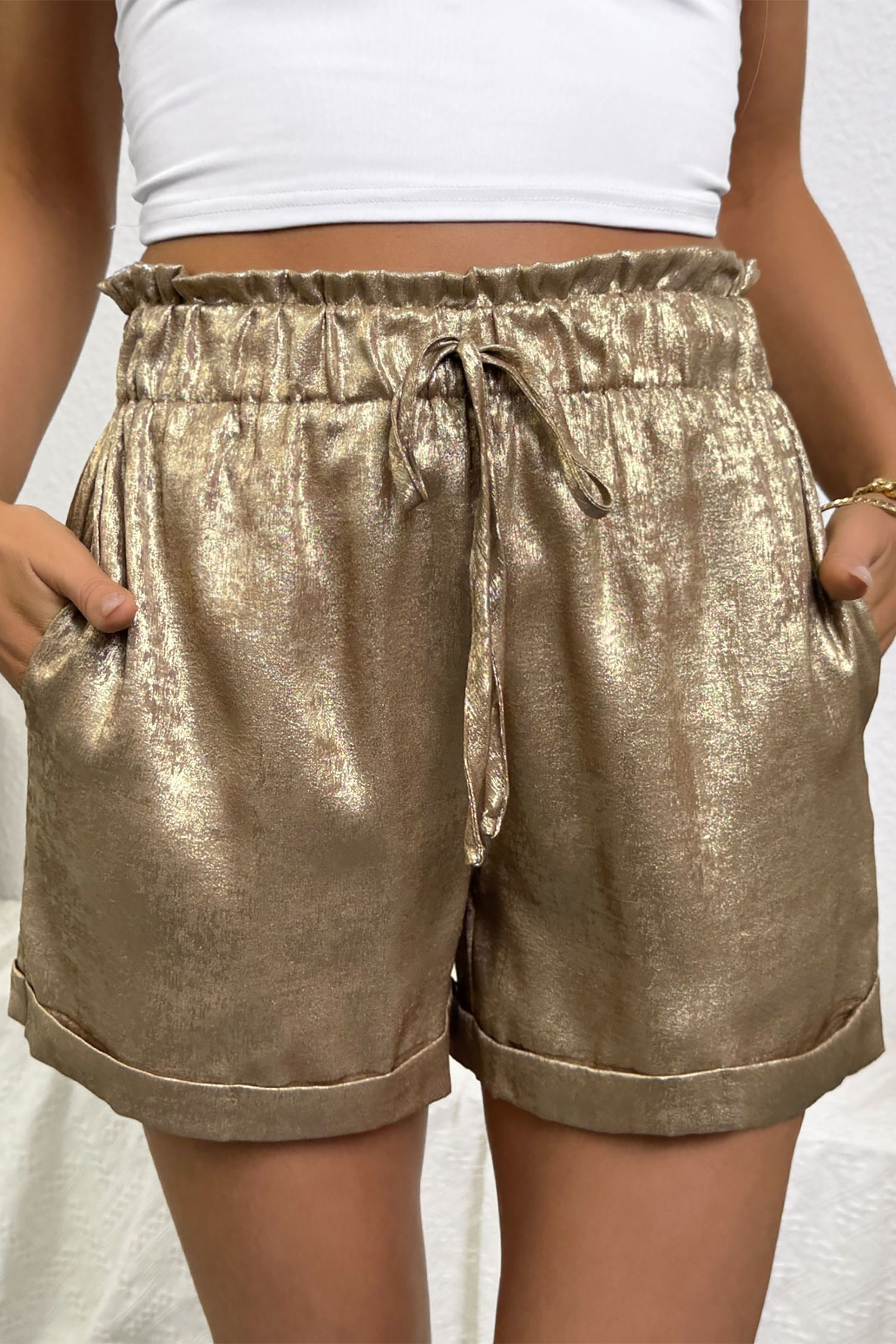 Gold Metallic Luster Tie Elastic Waist Cuffed Hem Shorts - loveforevers
