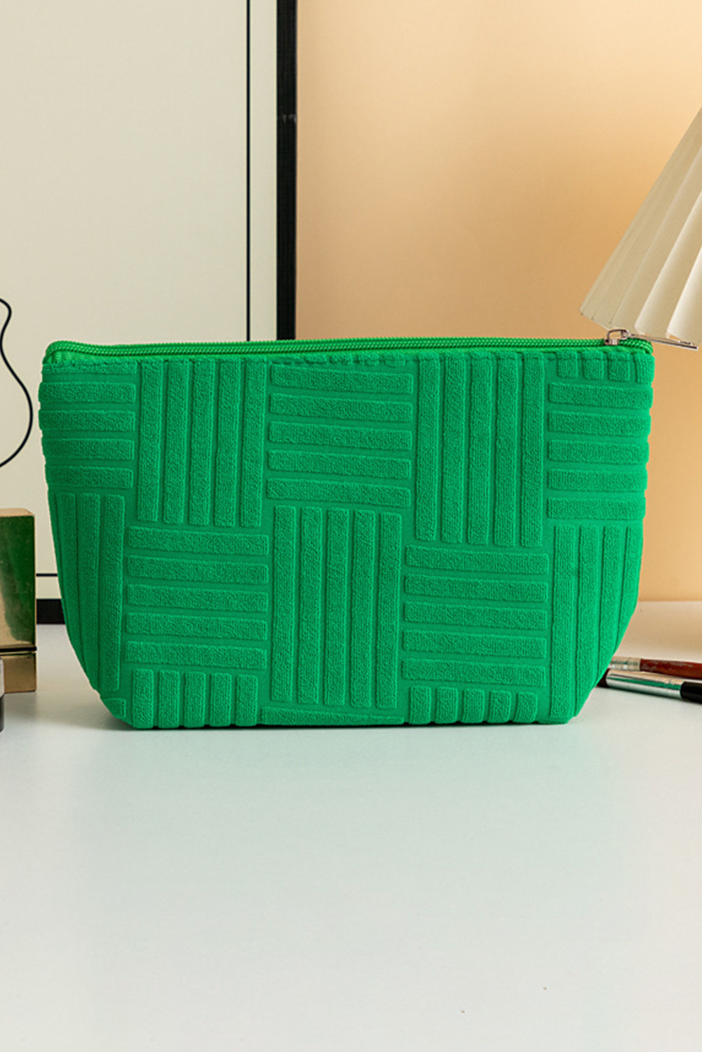 Dark Green Textured Woven Pattern Zipper Cosmetic Bag - loveforevers