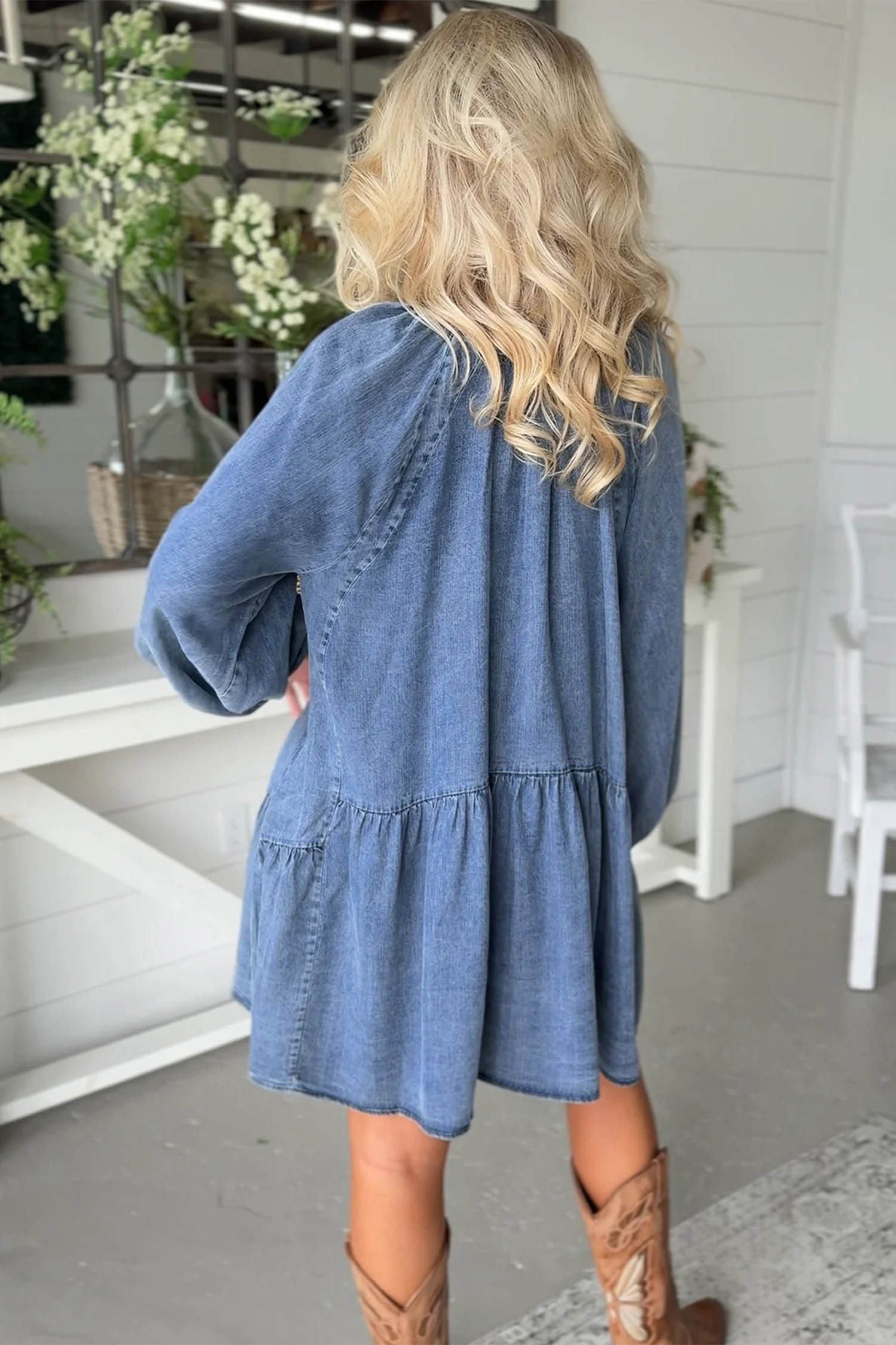 Myosotis Puff Sleeve V Neck Ruffled Loose Denim Mini Dress - loveforevers