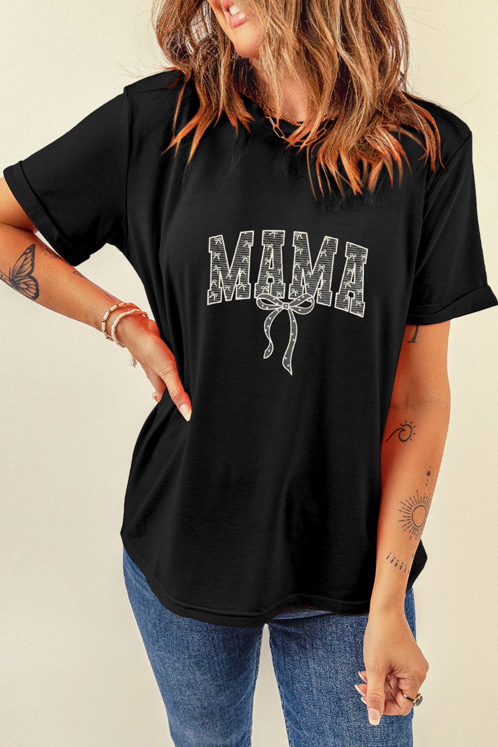 Black Bowknot MAMA Embroidered Crewneck Mothers Day T Shirt - loveforevers