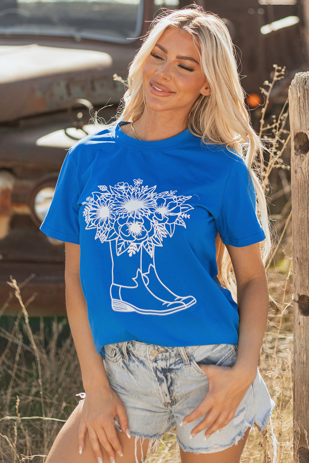 Blue Sunflower Boots Graphic Western Fashion T Shirt - loveforevers