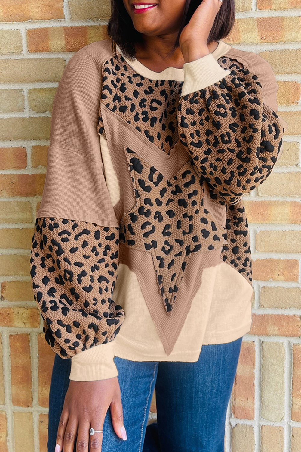 Light French Beige Leopard Star Color Block Patchwork Textured Baggy Sweatshirt - loveforevers