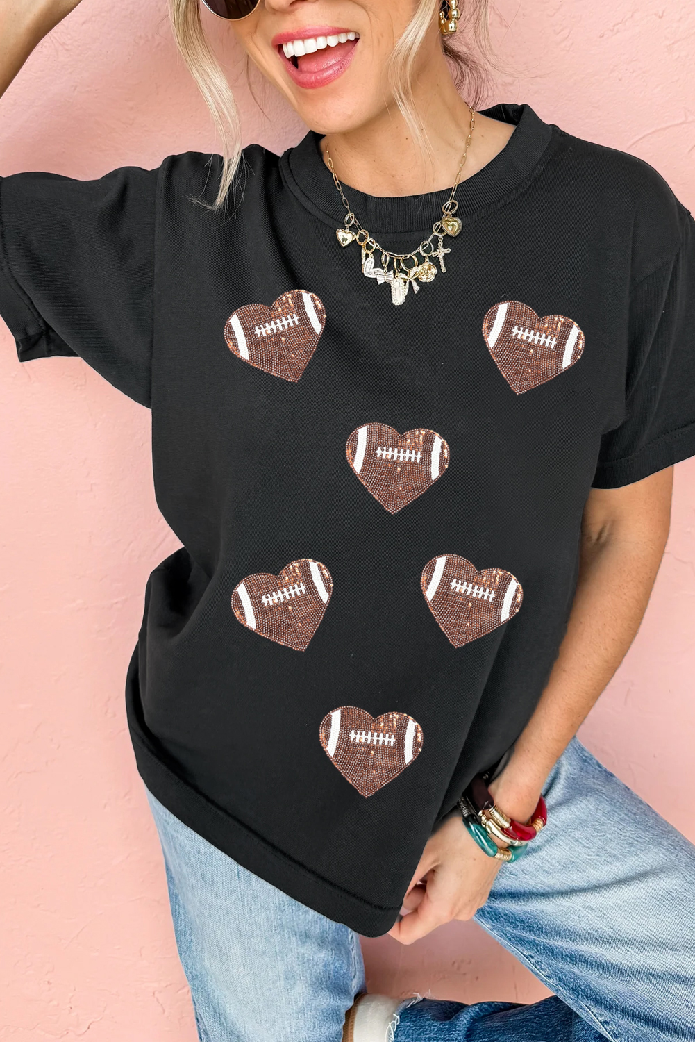 Black Rugby Football Sequin Heart Patched Graphic Tee - loveforevers
