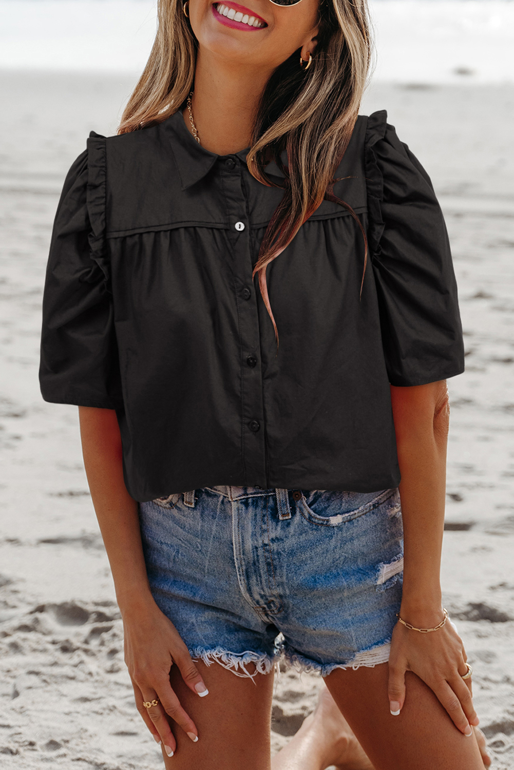 Black Frilly Puff Sleeve Stylish Collared Shirt - loveforevers