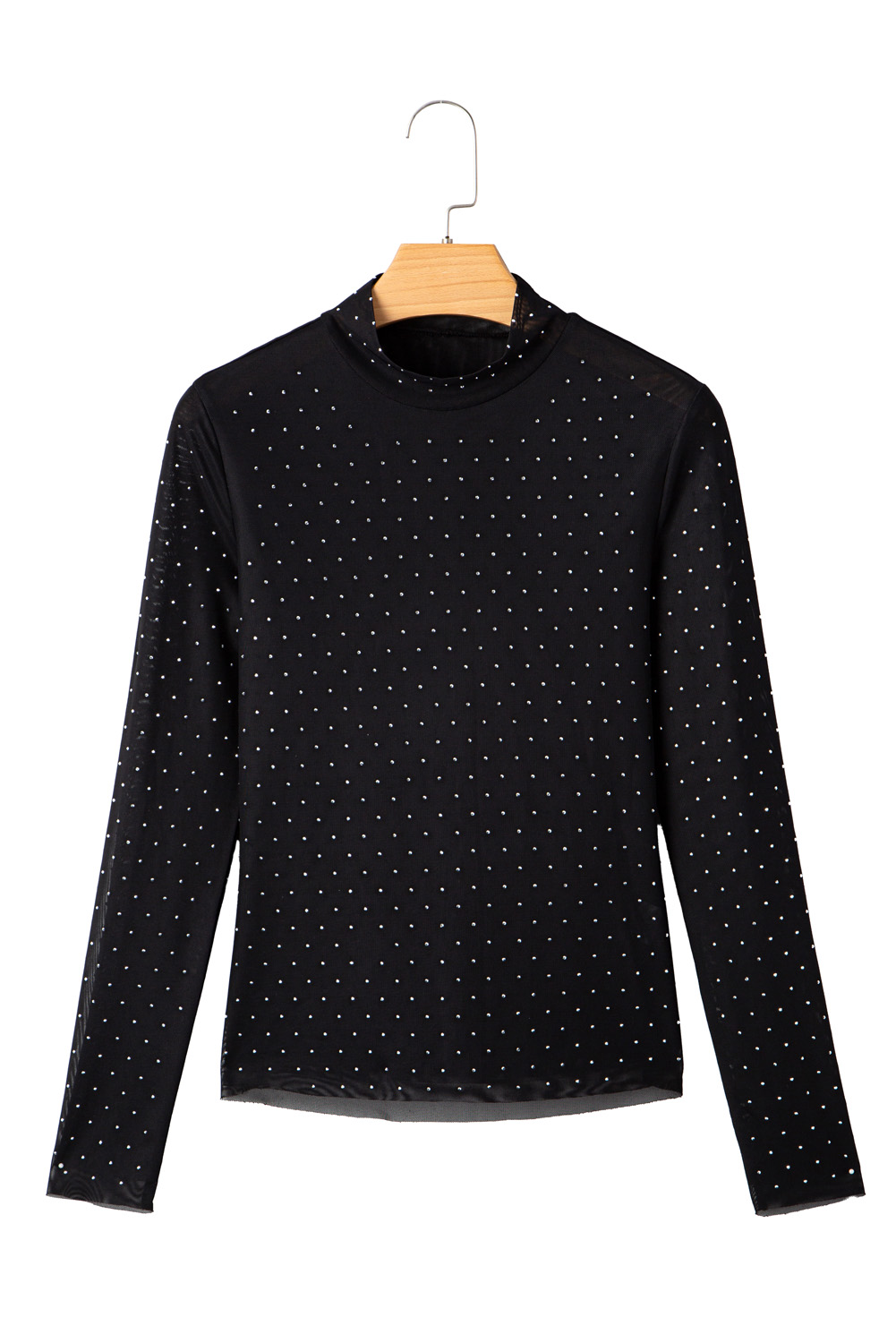 Black Rhinestone Embellished Mesh Long Sleeve Top - loveforevers