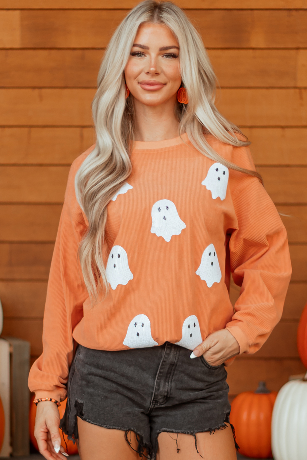 Orange Twisted Ribbed Texture Halloween Ghost Sequin Patched Sweatshirt - loveforevers