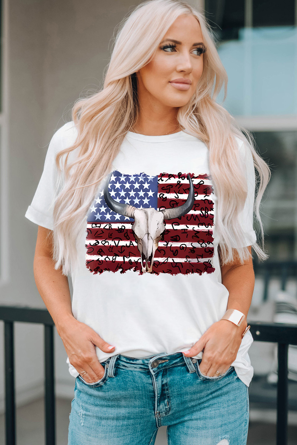 White Bull Skull American Flag Graphic Tee - loveforevers
