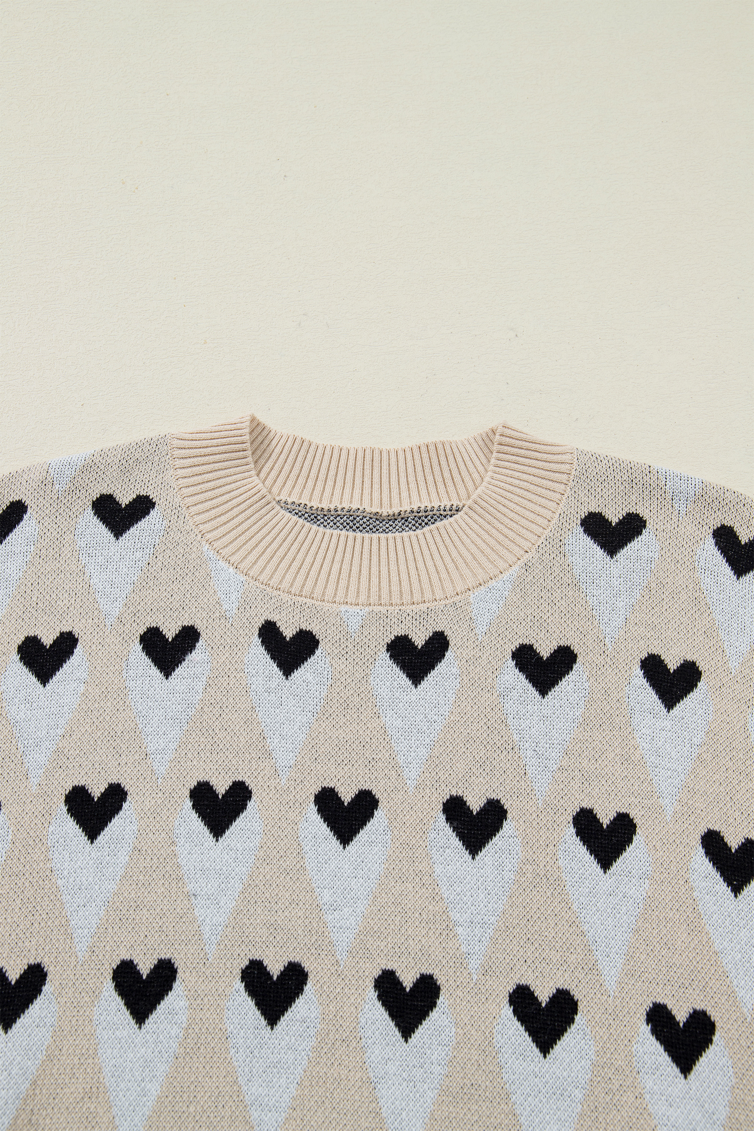 Parchment Geometric Heart Print Ribbed Trim Loose Sweater - loveforevers