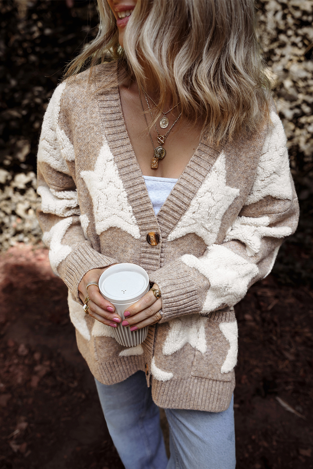 Khaki Sherpa Star Pattern Textured Sweater Cardigan with Pockets - loveforevers